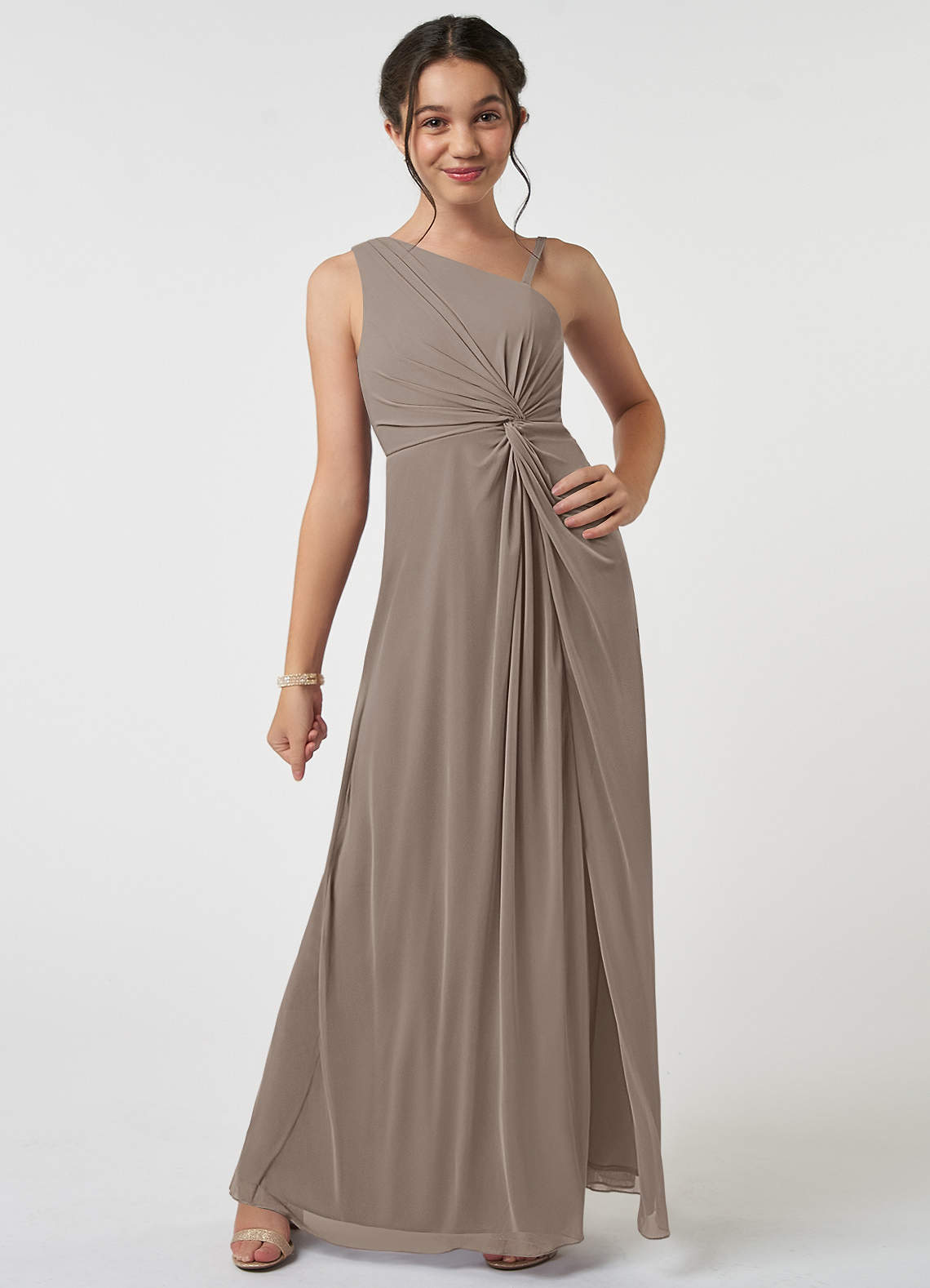Azazie Brooke Junior Taupe A-Line Pleated Mesh Dress image1