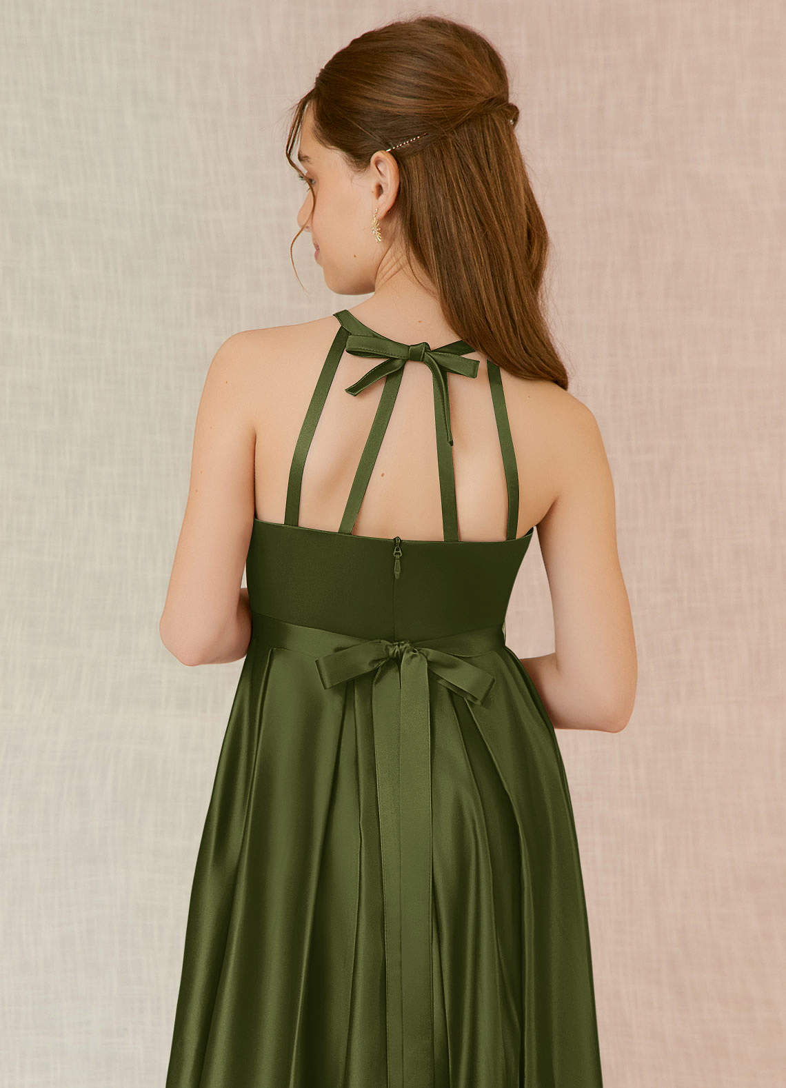 Azazie Arianthe Junior Olive A-Line with Pockets Stretch Satin Dress image6