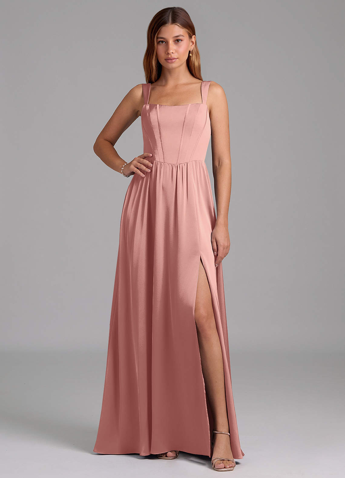 Azazie Rosaline Bridesmaid Dresses Rosette A-Line Side Slit Stretch Satin Dress image1