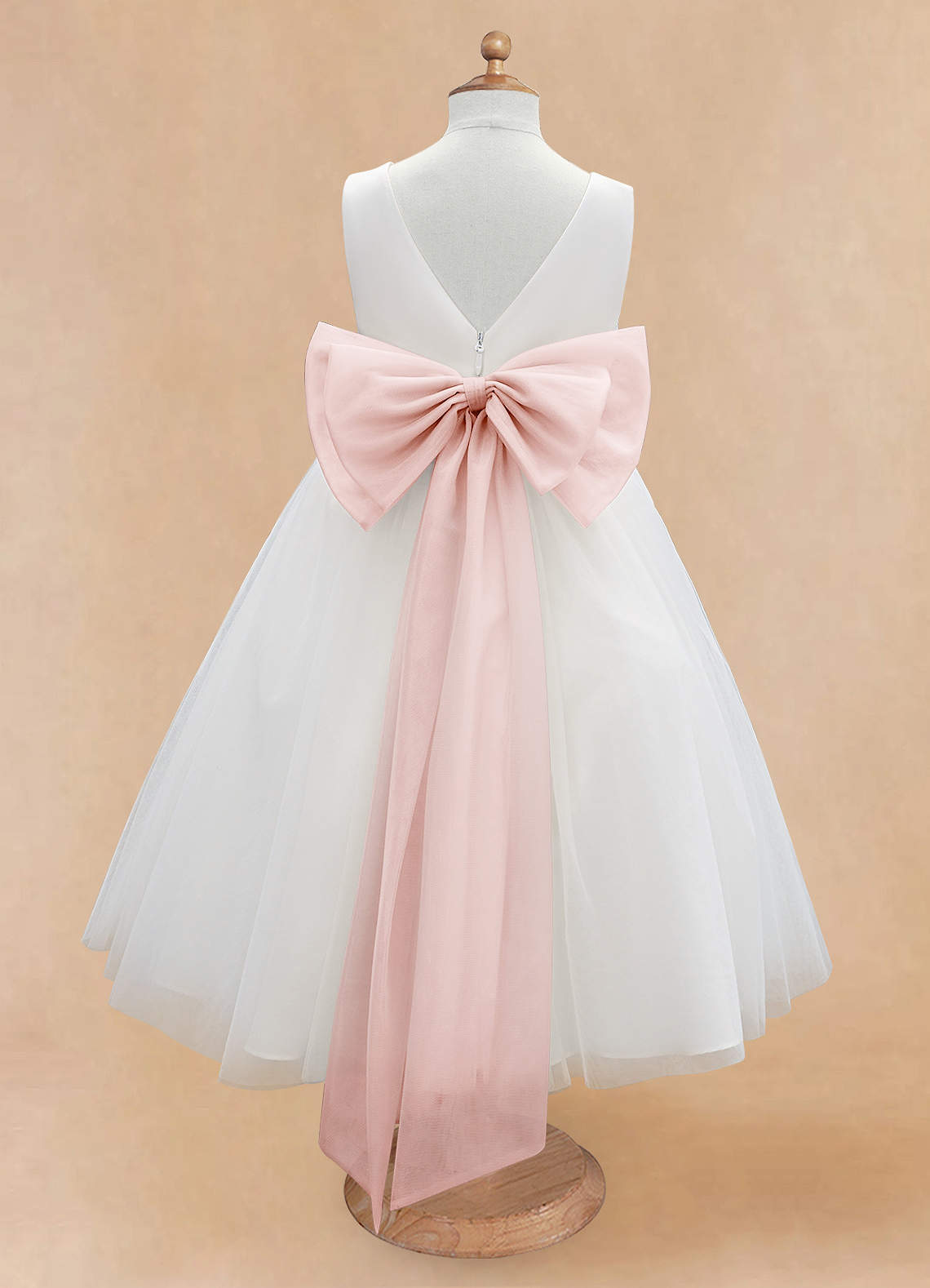 Azazie Kavi Flower Girl Dresses Ivory Blushing Pink A-Line Bow Matte Satin Dress image7