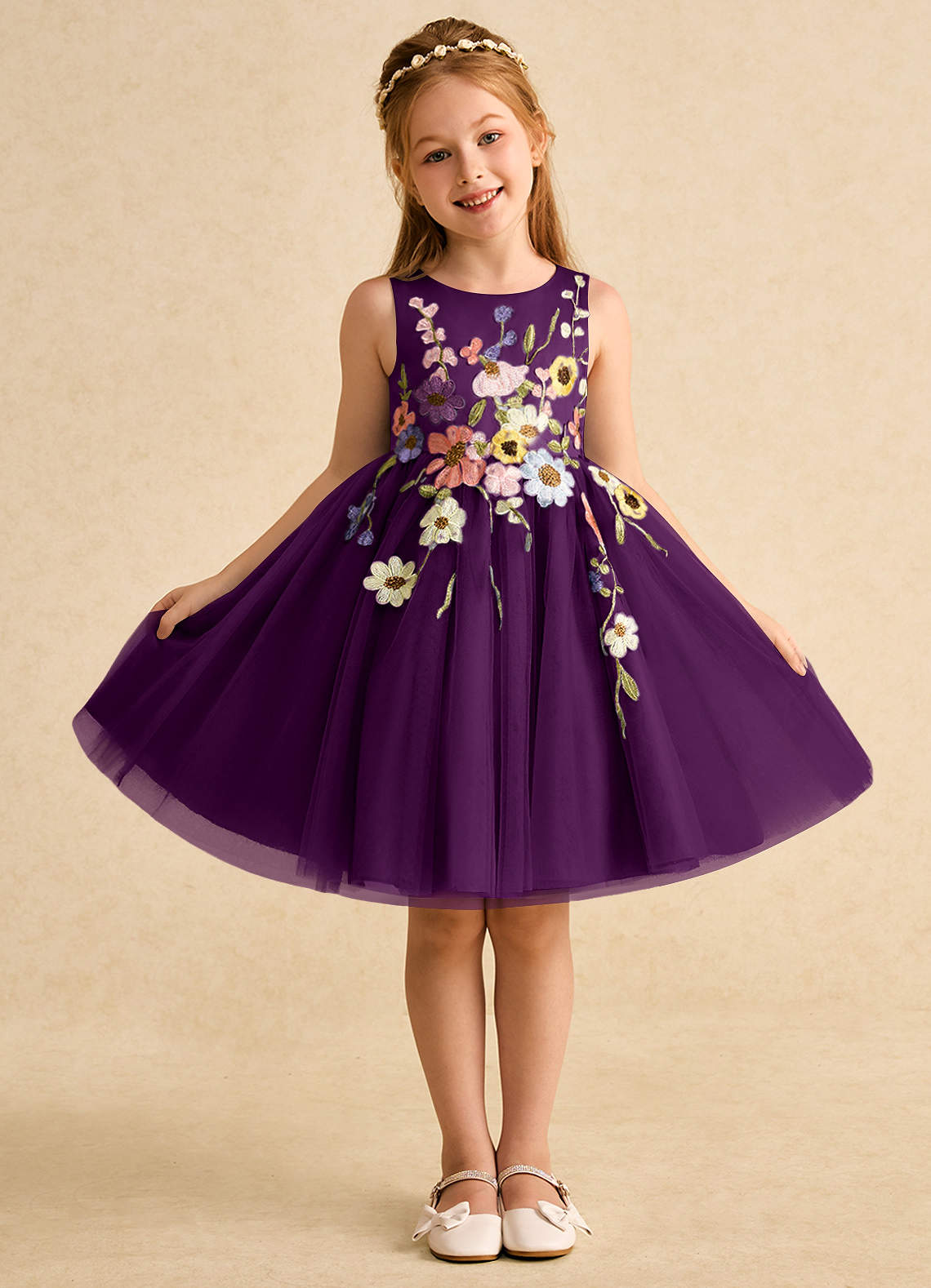 Azazie Prima vestidos de niña de las flores Vestido de Uva de Tul de Corte En A con Lazo image1