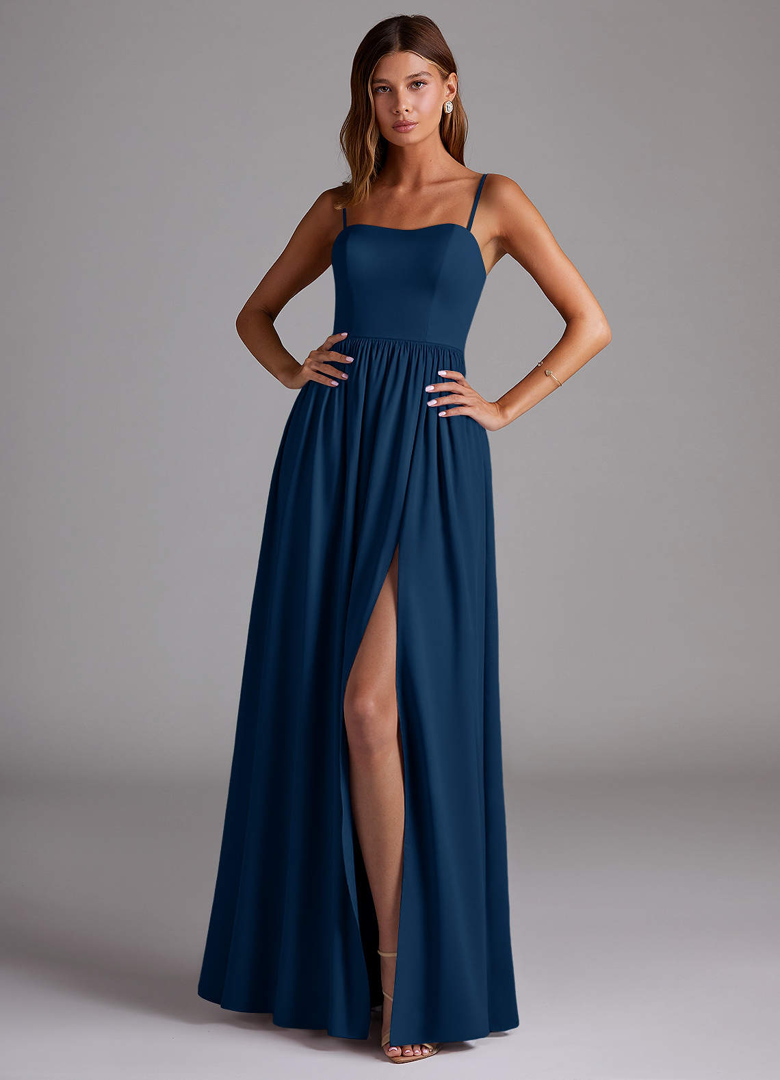 Azazie Calianna Bridesmaid Dresses Dark Navy A-Line Off the Shoulder Stretch Satin Convertible Dress image1
