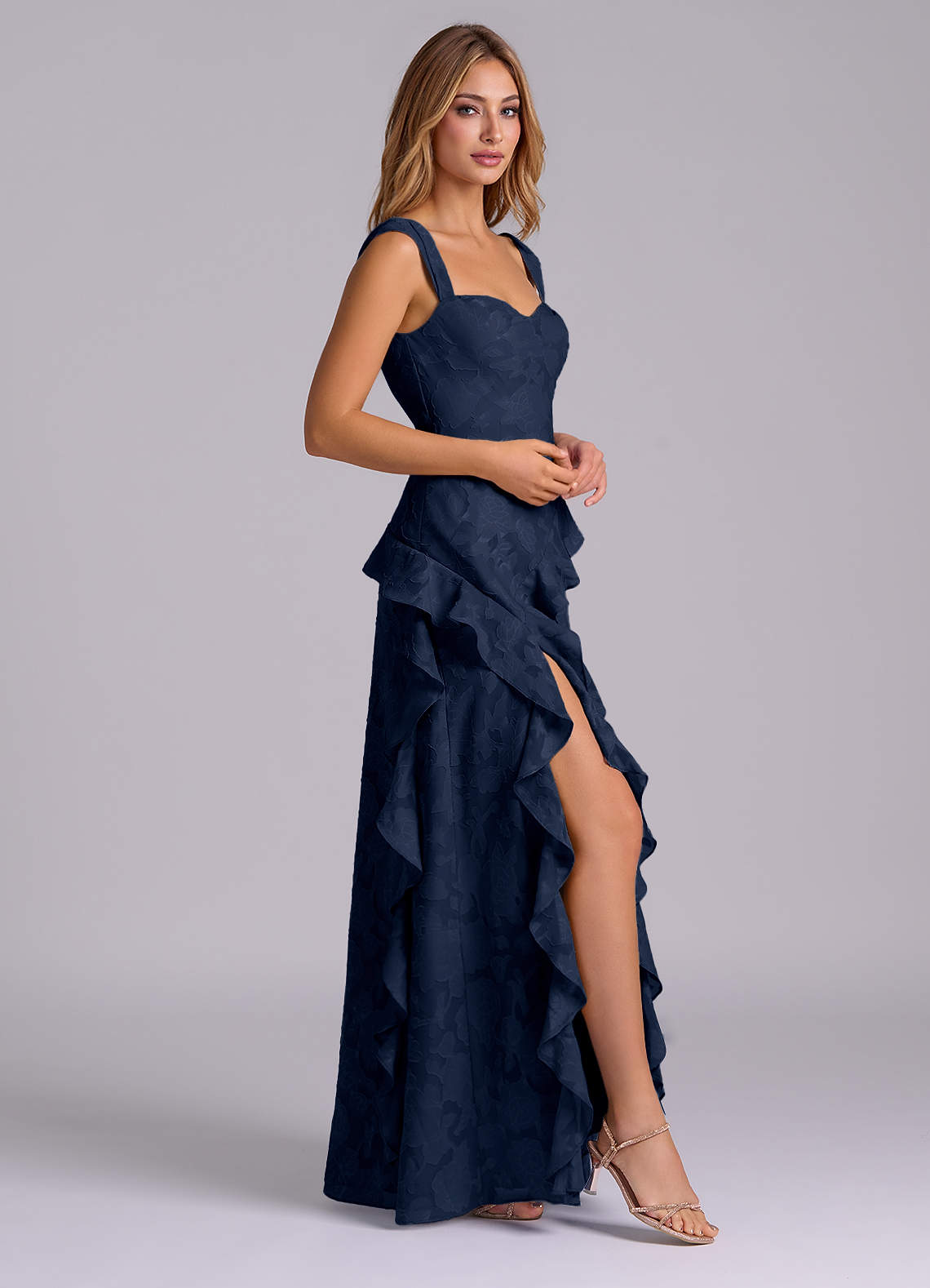 Azazie Sloane At-home Try On Dresses Dark Navy A-Line Sweetheart Neckline Floral Burnout Dress image4