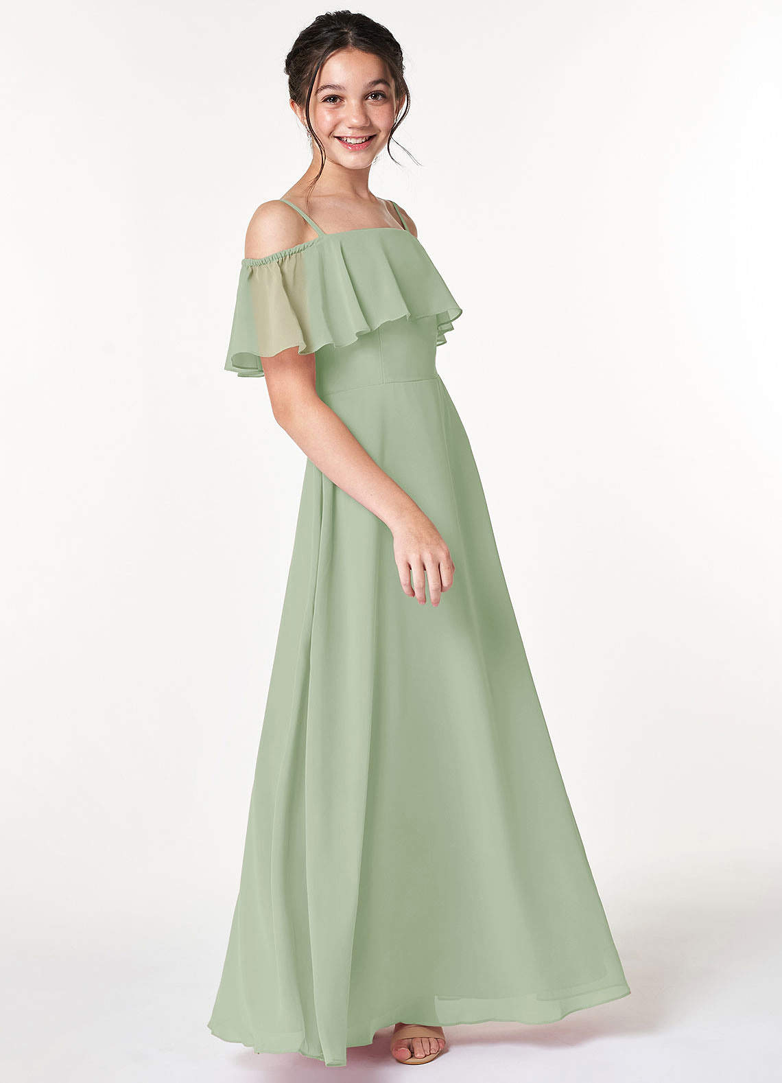 Azazie Maggie Junior Dusty Sage A-Line Off the Shoulder Chiffon Dress image3