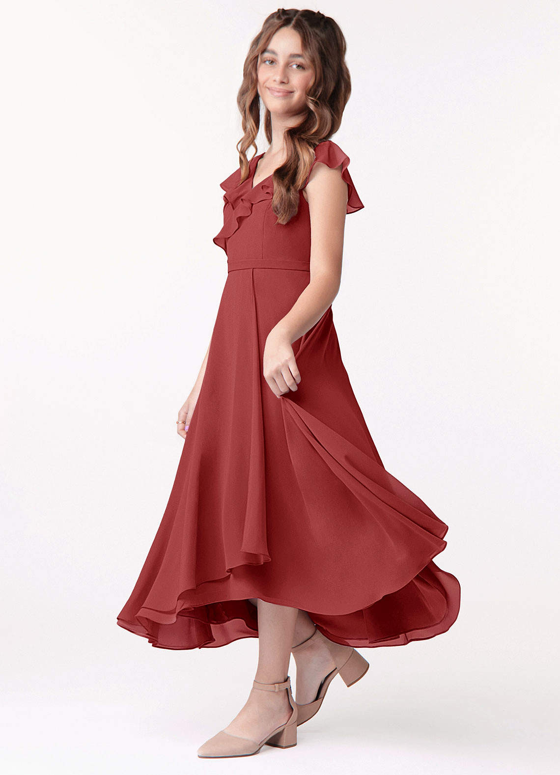 Azazie Posie Junior Rust A-Line Ruched Chiffon Dress image1
