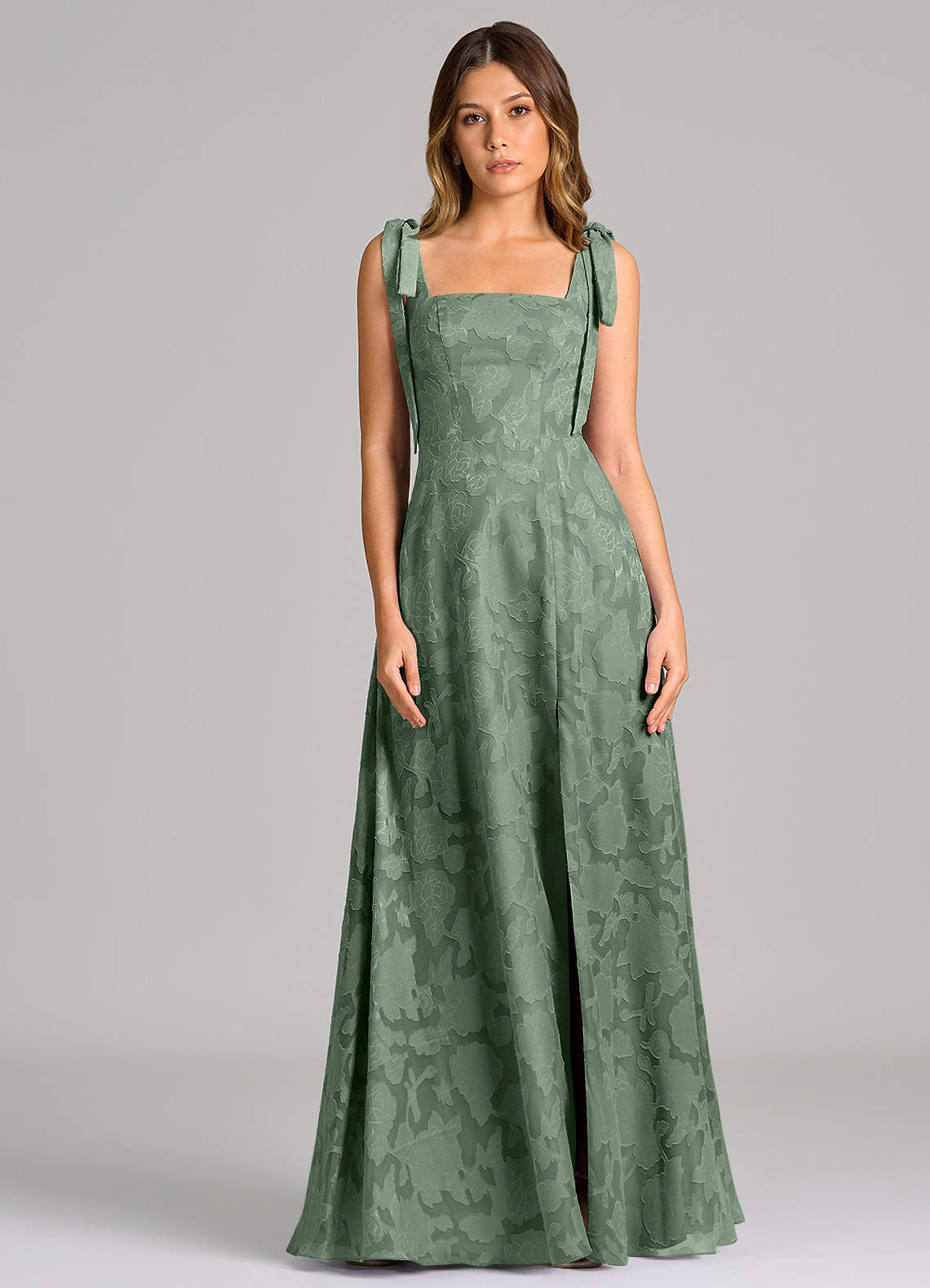Azazie Debra Bridesmaid Dresses Matcha A-Line with Pockets Floral Burnout Dress image3