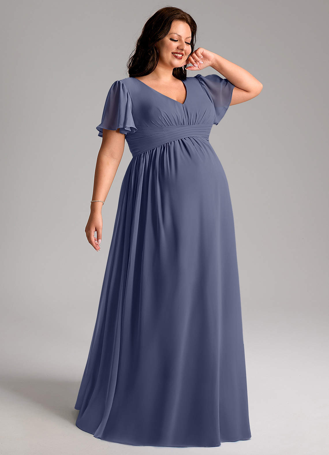 Azazie Verna Maternity Bridesmaid Dresses A-Line V-Neck Ruched Chiffon Floor-Length Dress image1