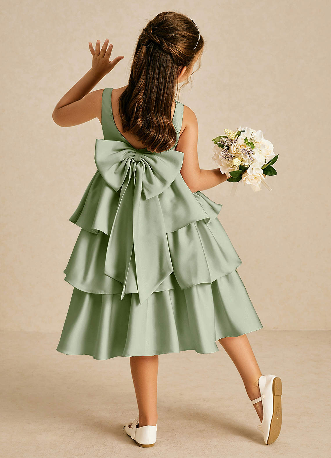 Azazie Margery Flower Girl Dresses Dusty Sage A-Line Bow Stretch Satin Dress image1