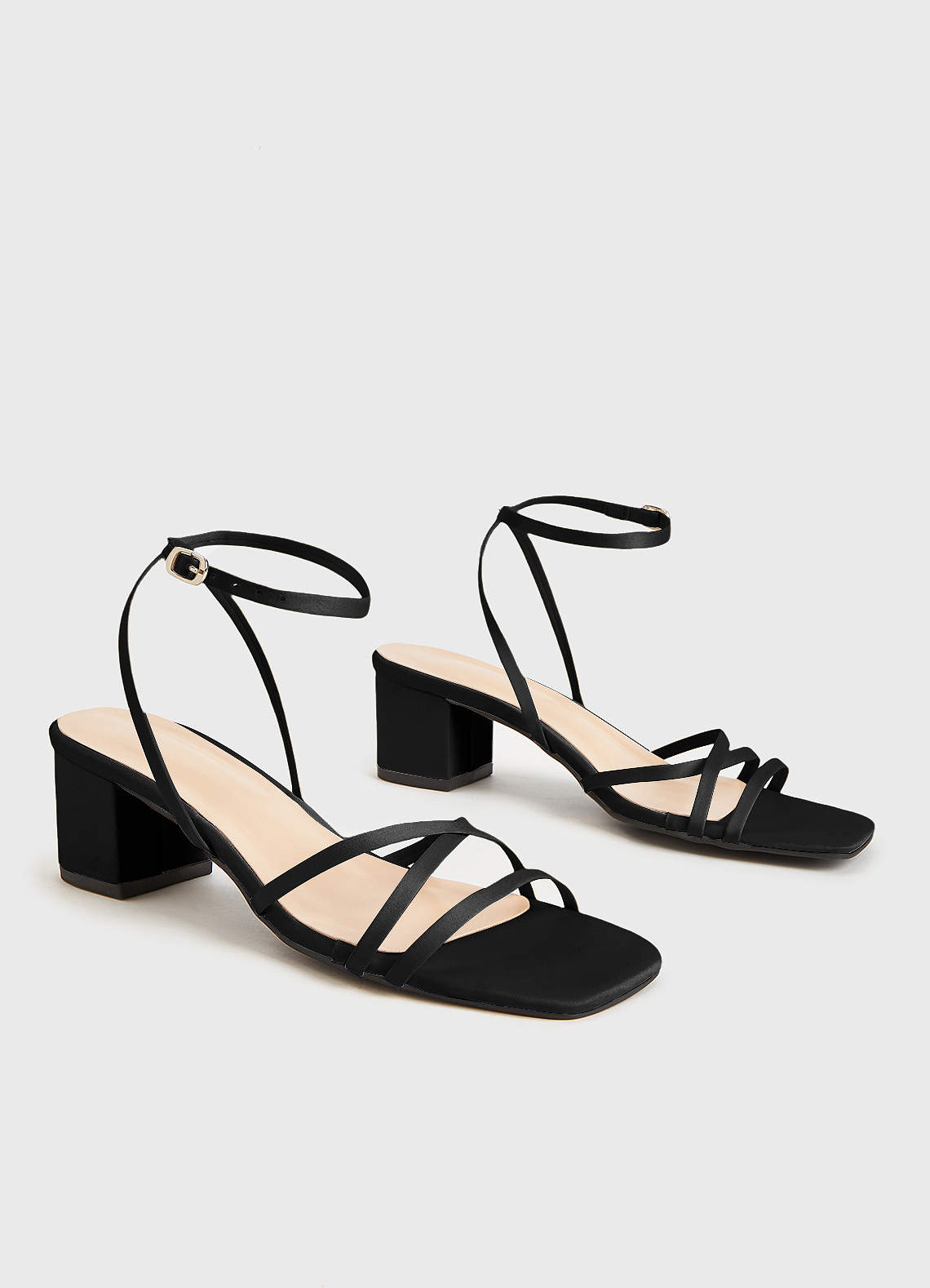 front Matching Color Matte Satin Cross Strips Block Heel Sandals