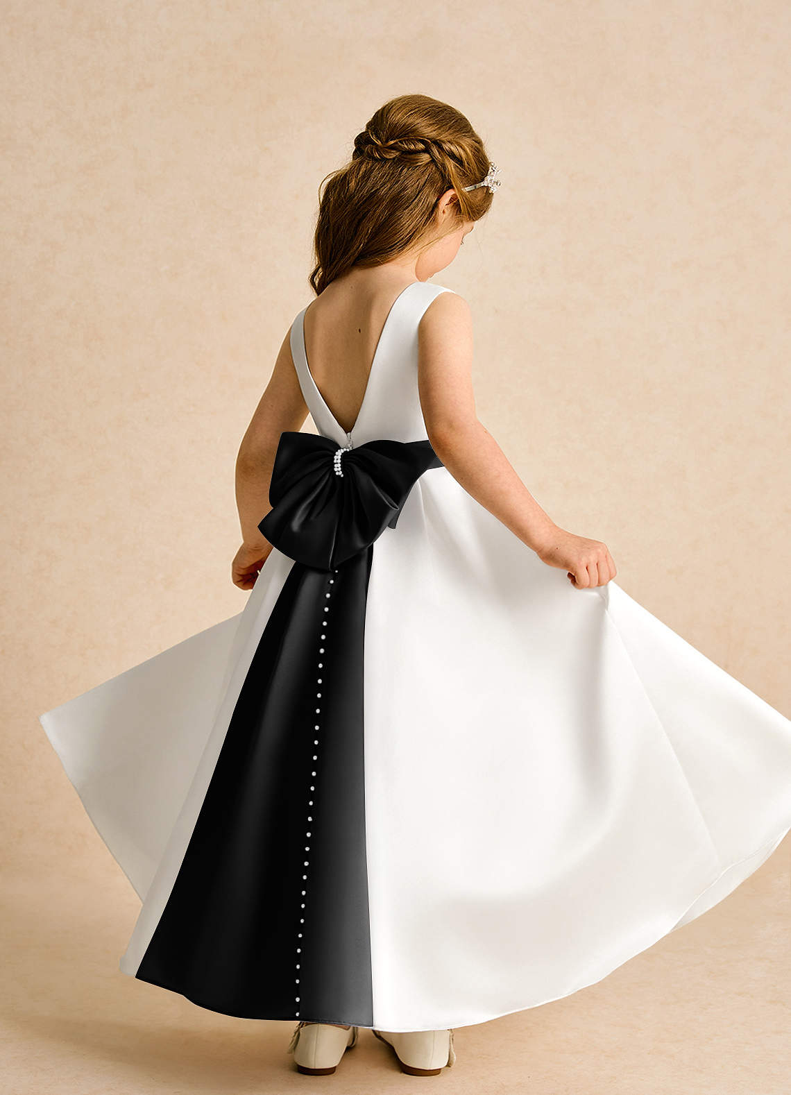 Azazie Cherry Flower Girl Dresses Ivory Black Ball-Gown Pleated Matte Satin Dress image3