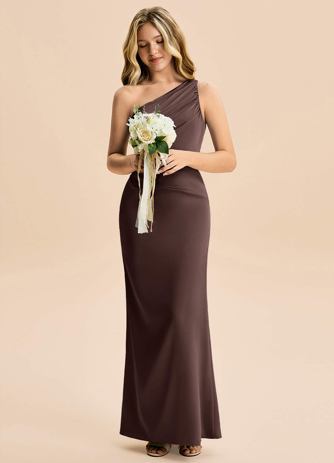 Azazie Akilah Junior Ganache Sheath Pleated Stretch Satin Dress image3