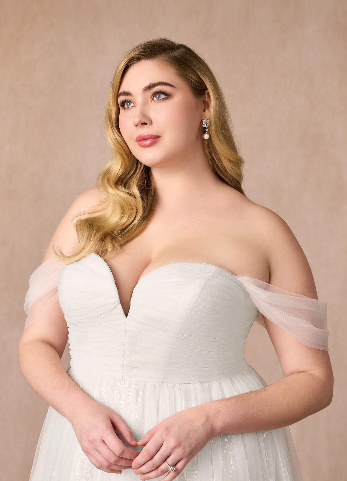 Azazie Maia Diamond White A-Line Off the Shoulder Tulle Dress Ready to Ship  | Azazie