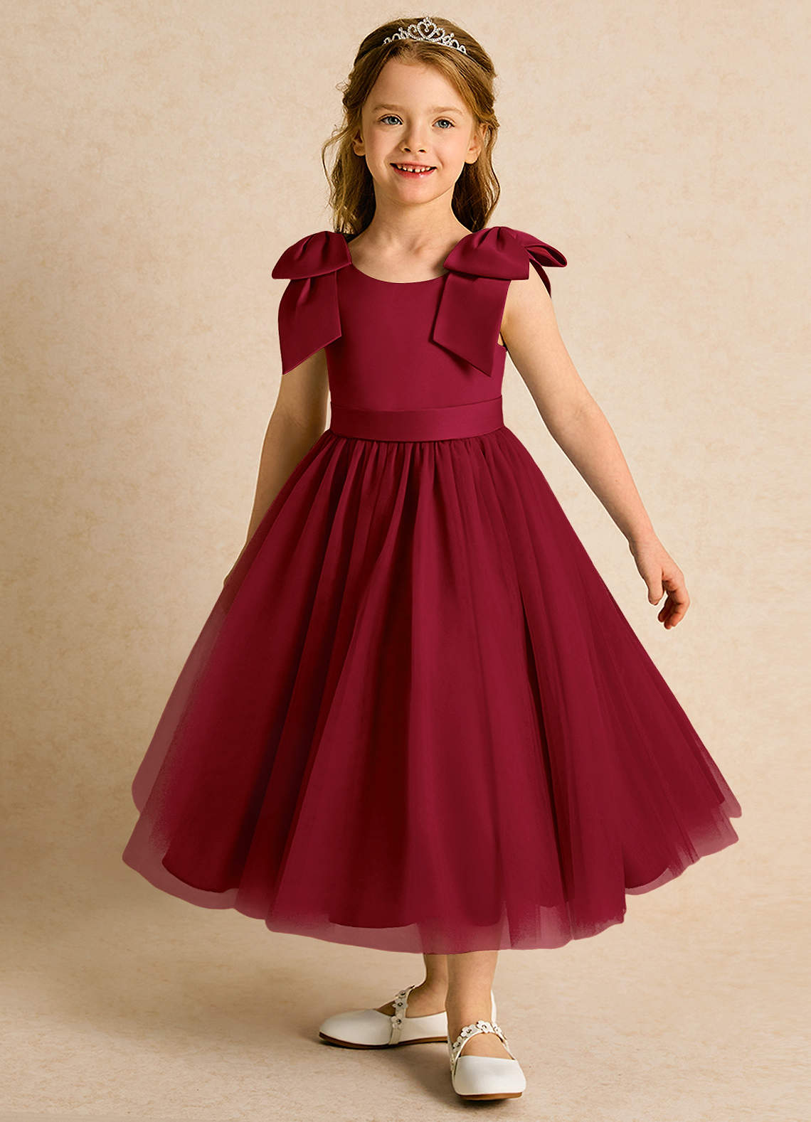 Azazie Serene Flower Girl Dresses Burgundy Ball-Gown Bow Matte Satin Dress image1