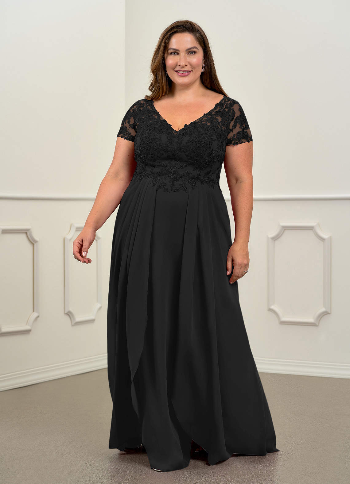 Black Azazie Dunja A-Line V-Neck Lace Chiffon Floor-Length Dress | Azazie