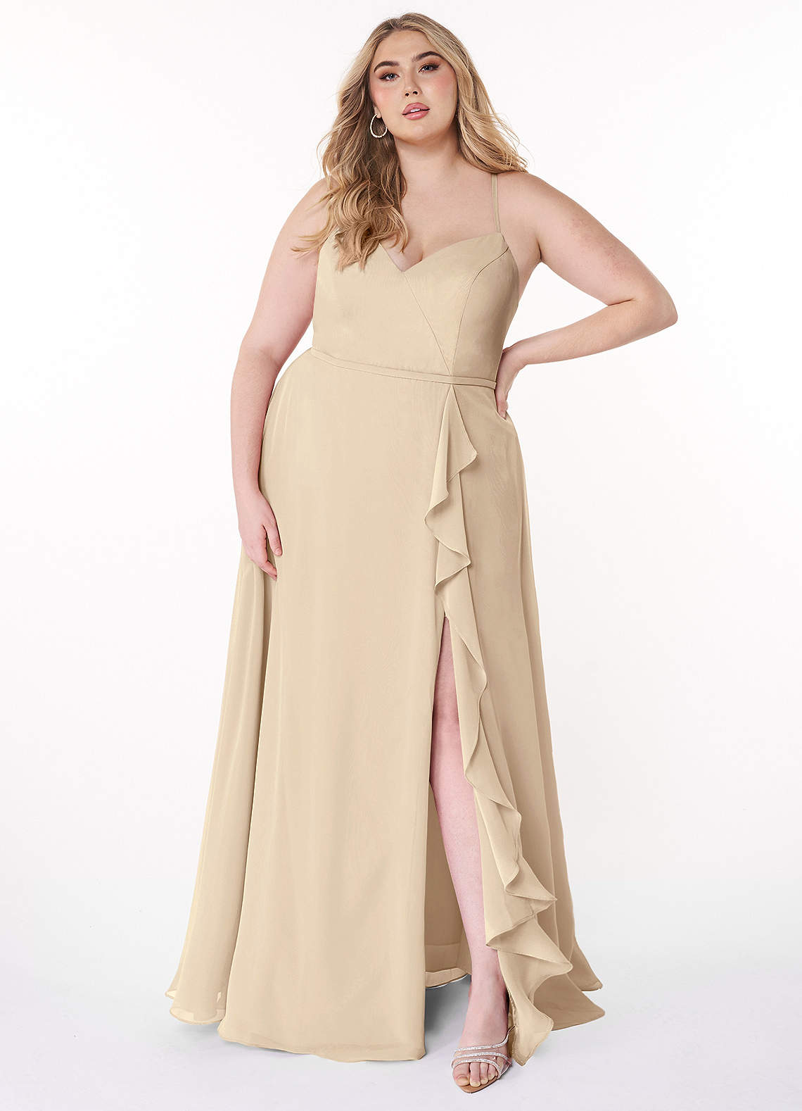 Azazie Naeem Bridesmaid Dresses Champagne A-Line V-Neck Ruffle Chiffon Dress image1