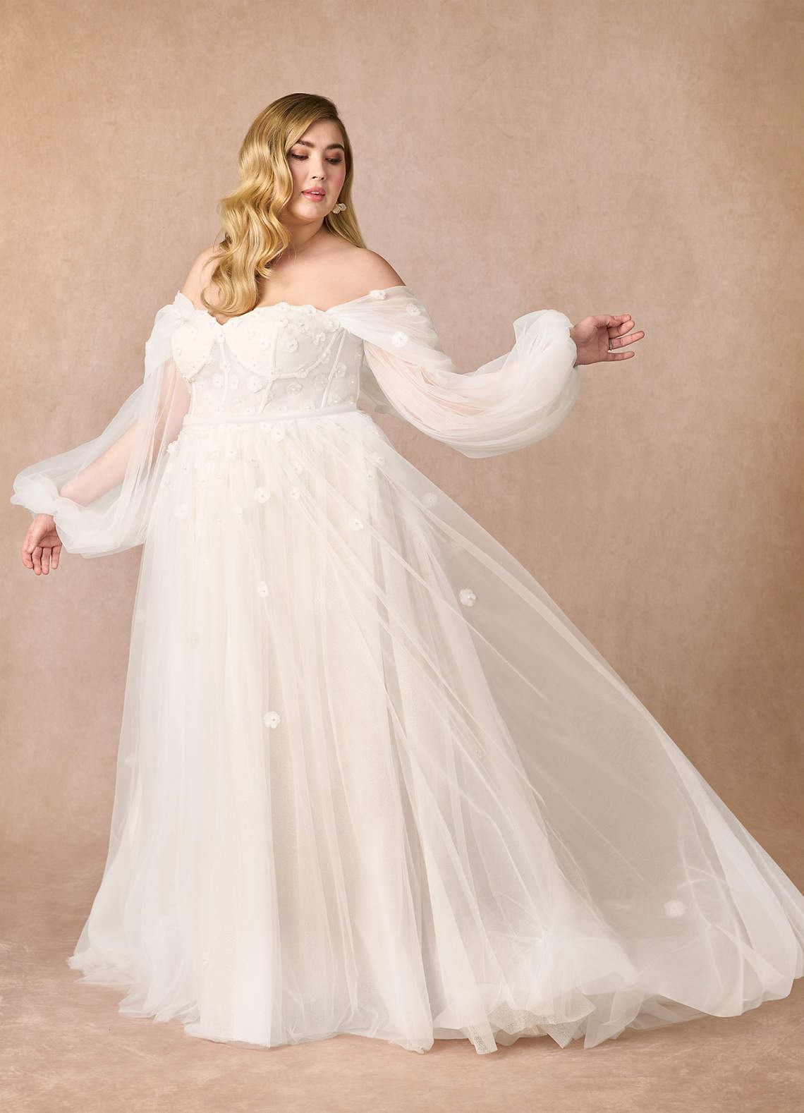 Azazie Airellie At-home Try On Dresses Diamond White Champagne A-Line Off the Shoulder Tulle Dress image11