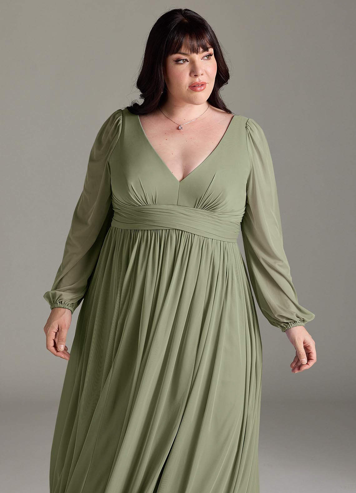 Azazie Norah Vestidos de madrinha de casamento Vestido Pistache de Chiffon de Linha A com Manga comprida image11