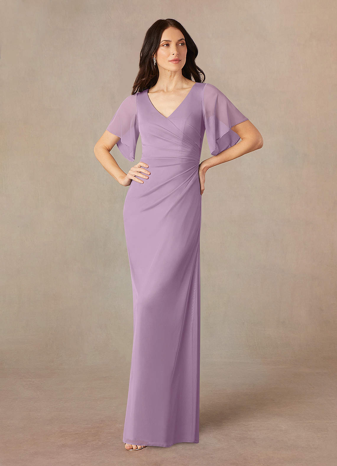 Azazie Selah Mother of the Bride Dresses Wisteria A-Line V-Neck ruched Mesh Dress image1