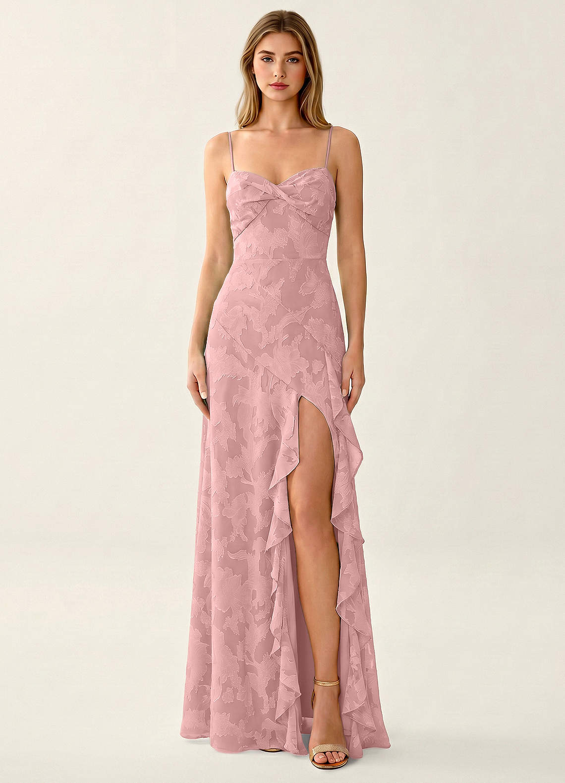 Azazie Coral Pink Corset Lace Spaghetti Strap Formal Dress