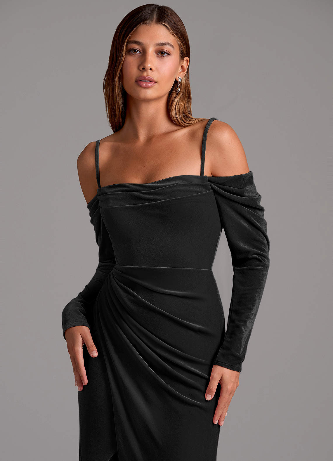 Azazie Hallie Bridesmaid Dresses Black Mermaid Long Sleeve Velvet Convertible Dress image1