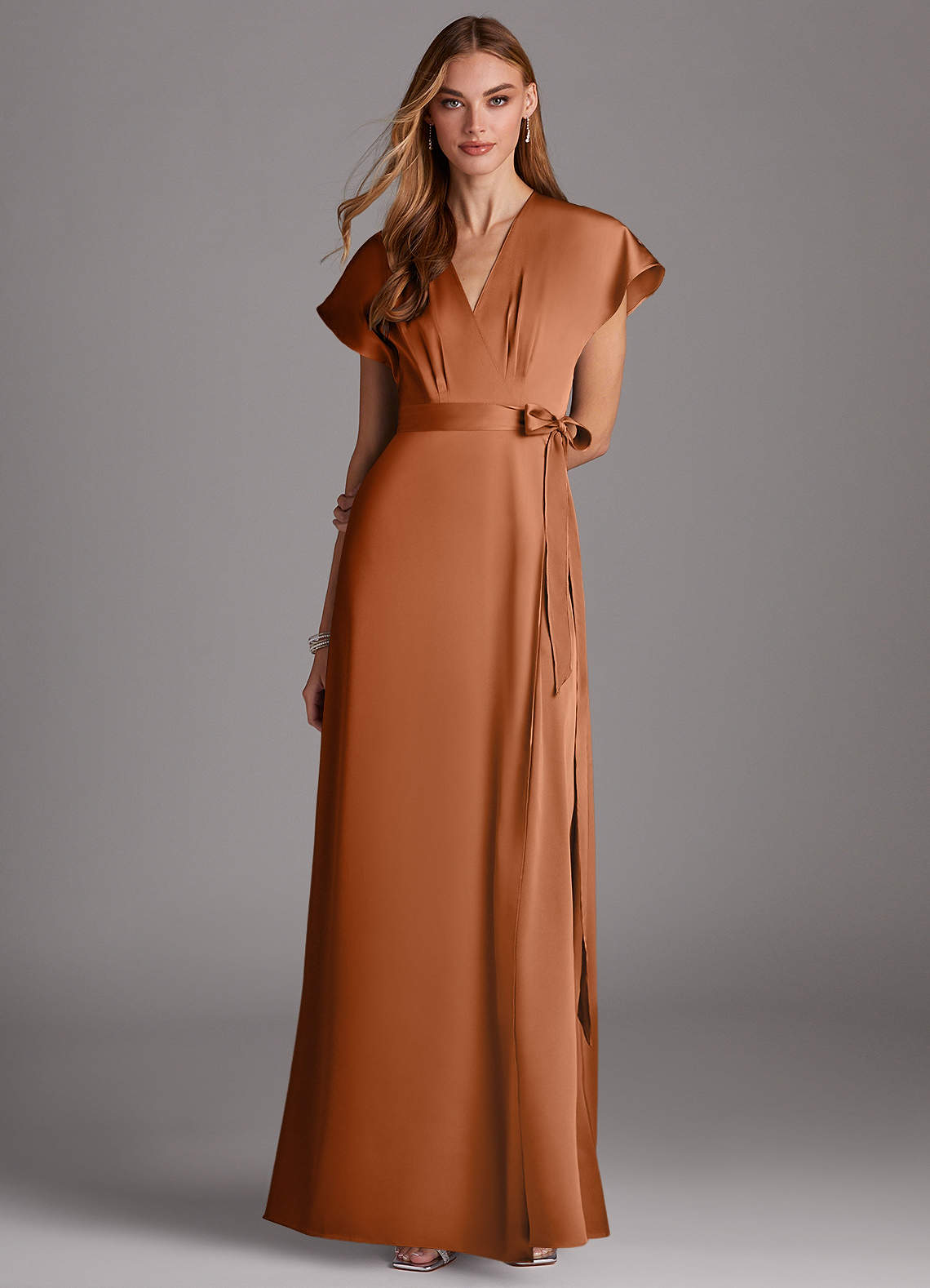 Azazie Nico Bridesmaid Dresses Copper A-Line V-Neck Stretch Satin Dress image1