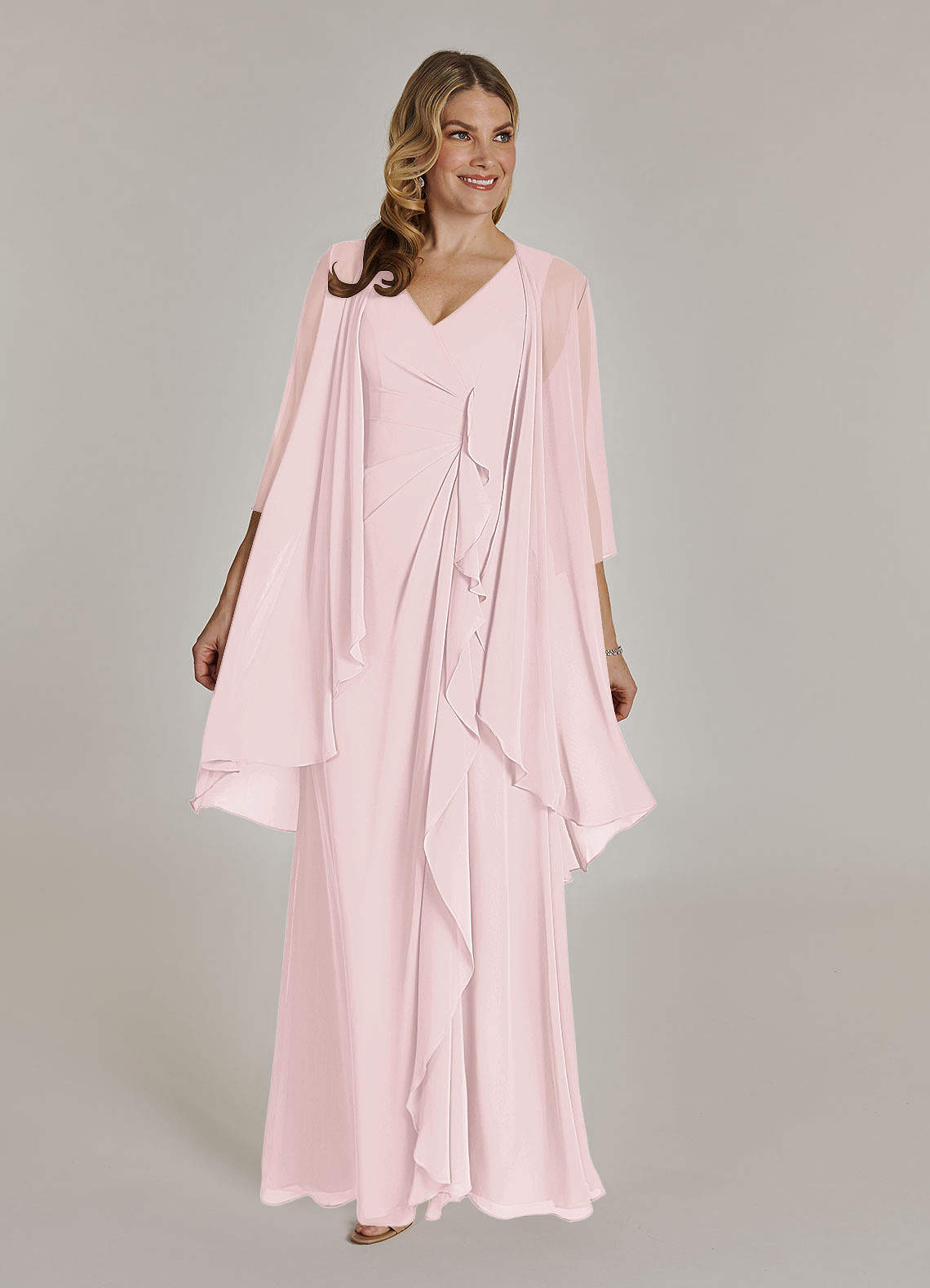 Azazie Manuella At-home Try On Dresses Blushing Pink A-Line V-Neck Pleated Chiffon Dress image1