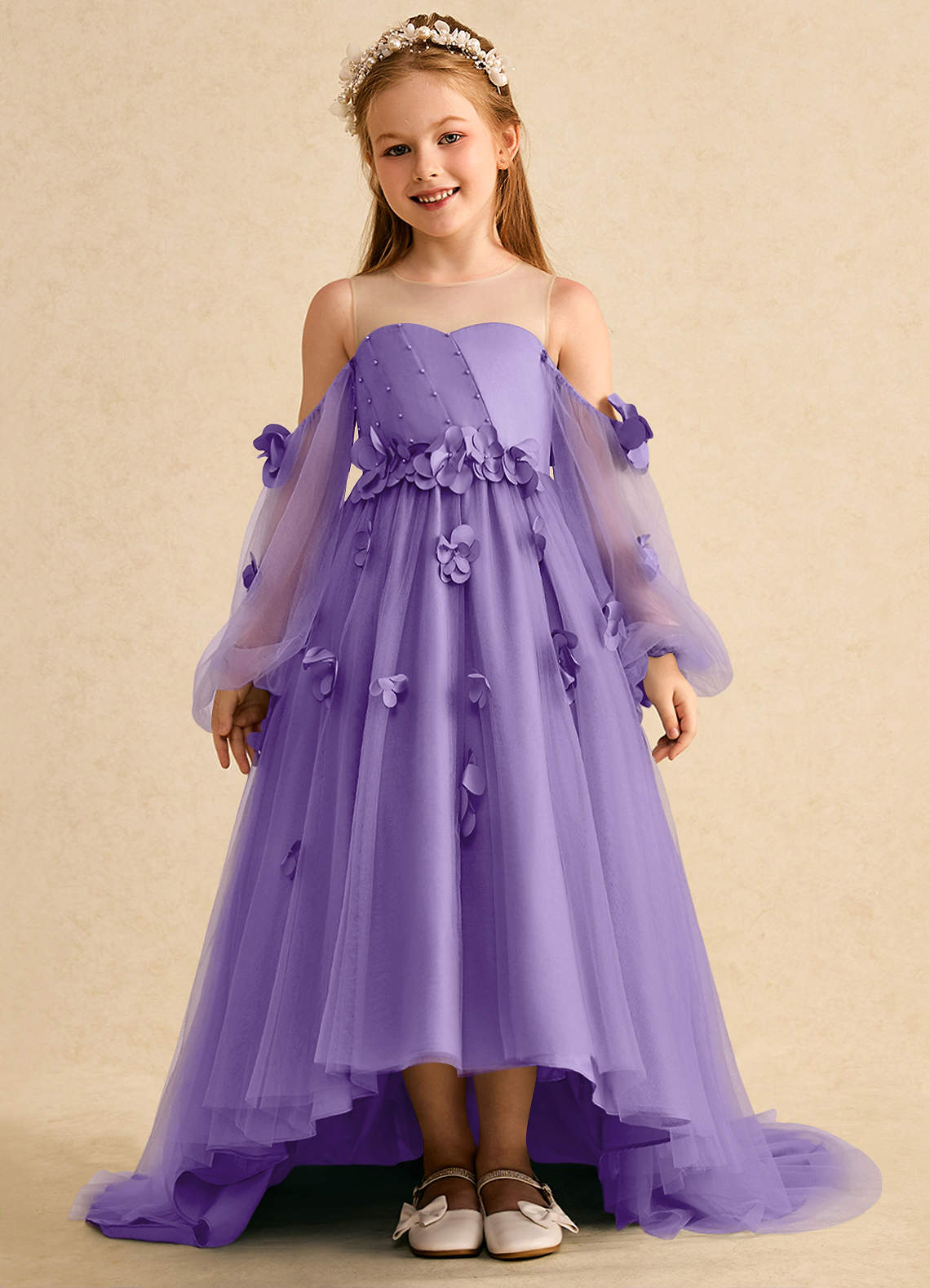 Azazie Karrie Abiti da Ragazza di Fiori Abito A-Line in Tulle Con Maniche Tahiti image1