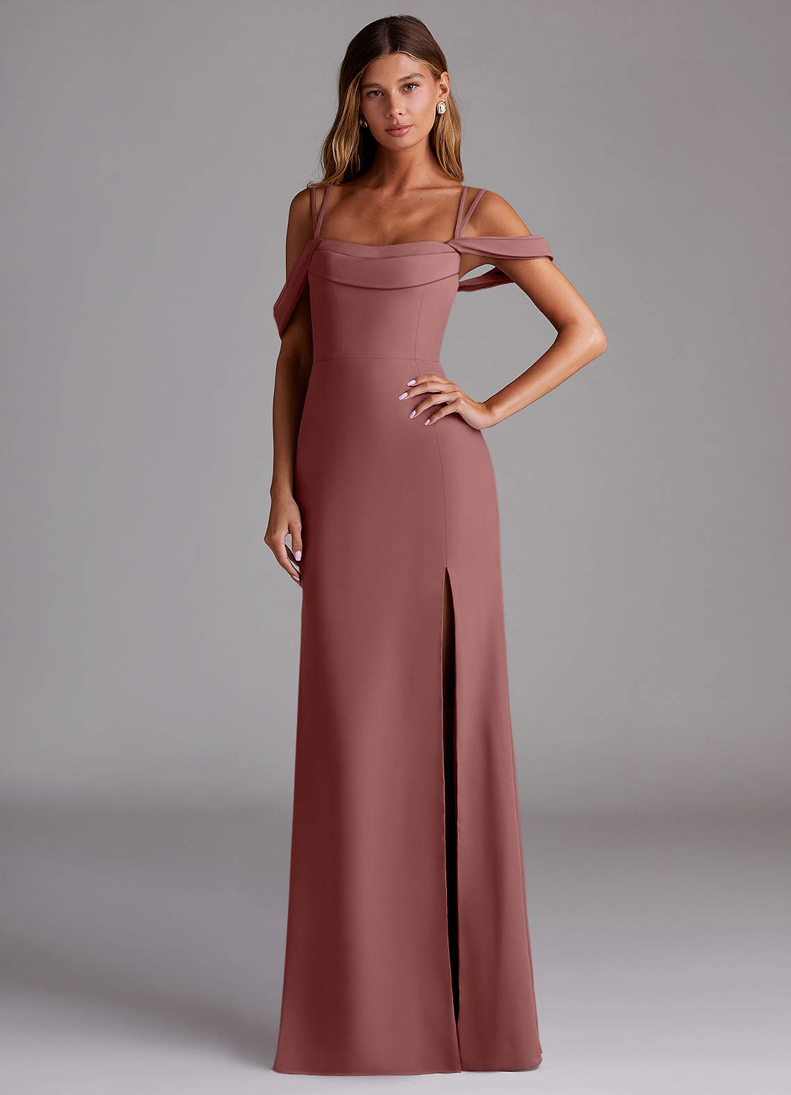 Azazie Callan Robes de demoiselle d'honneur Robe Sirène Convertible en Mousseline de soie Plissée Rose Du Désert image1