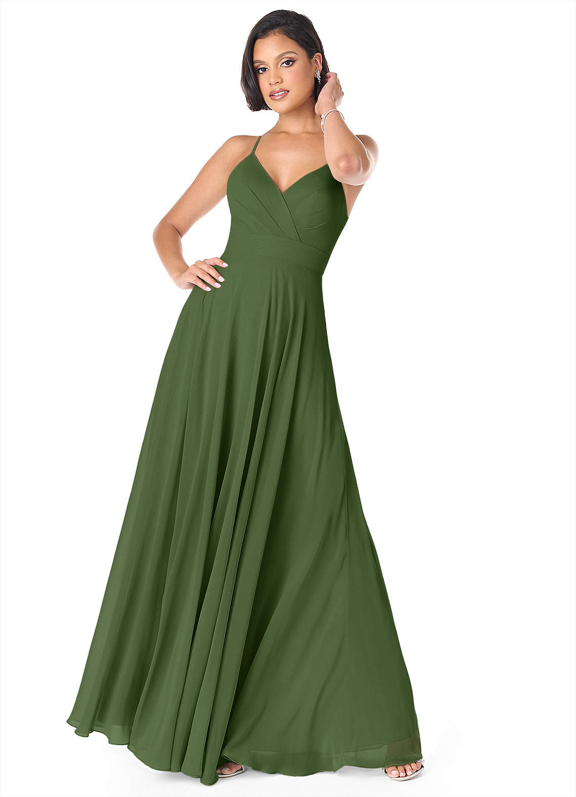 Azazie Avelina Robes de demoiselle d'honneur Robe Trapèze en Mousseline de soie Col V plissé Olive image1