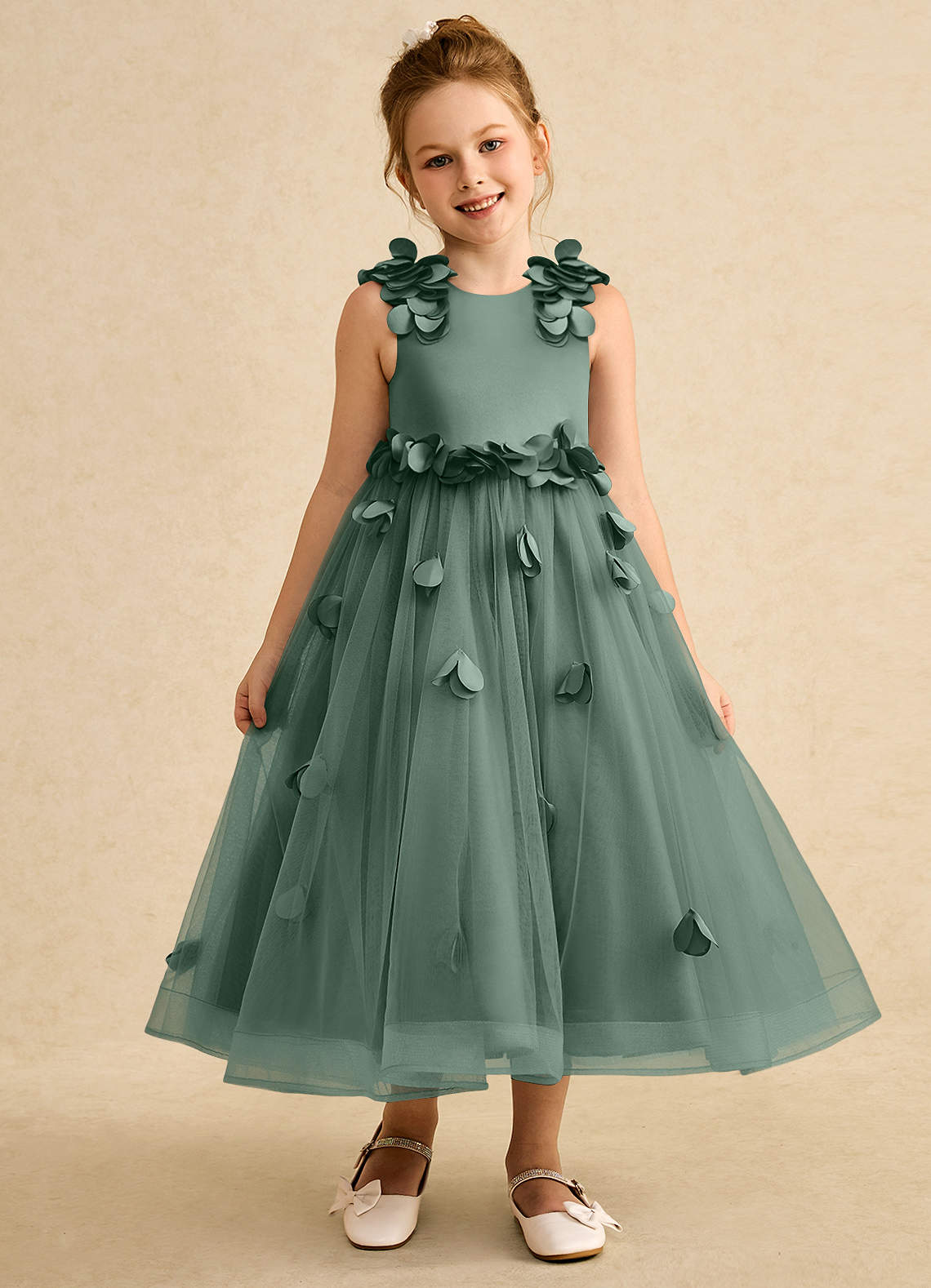 Azazie Atta Flower Girl Dresses Eucalyptus A-Line One Shoulder Tulle Dress image1