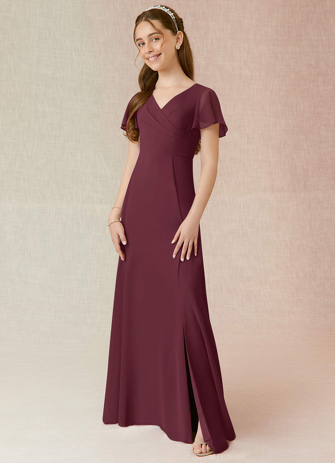 Azazie Induh Junior Cabernet A-Line Ruched Chiffon Dress image1