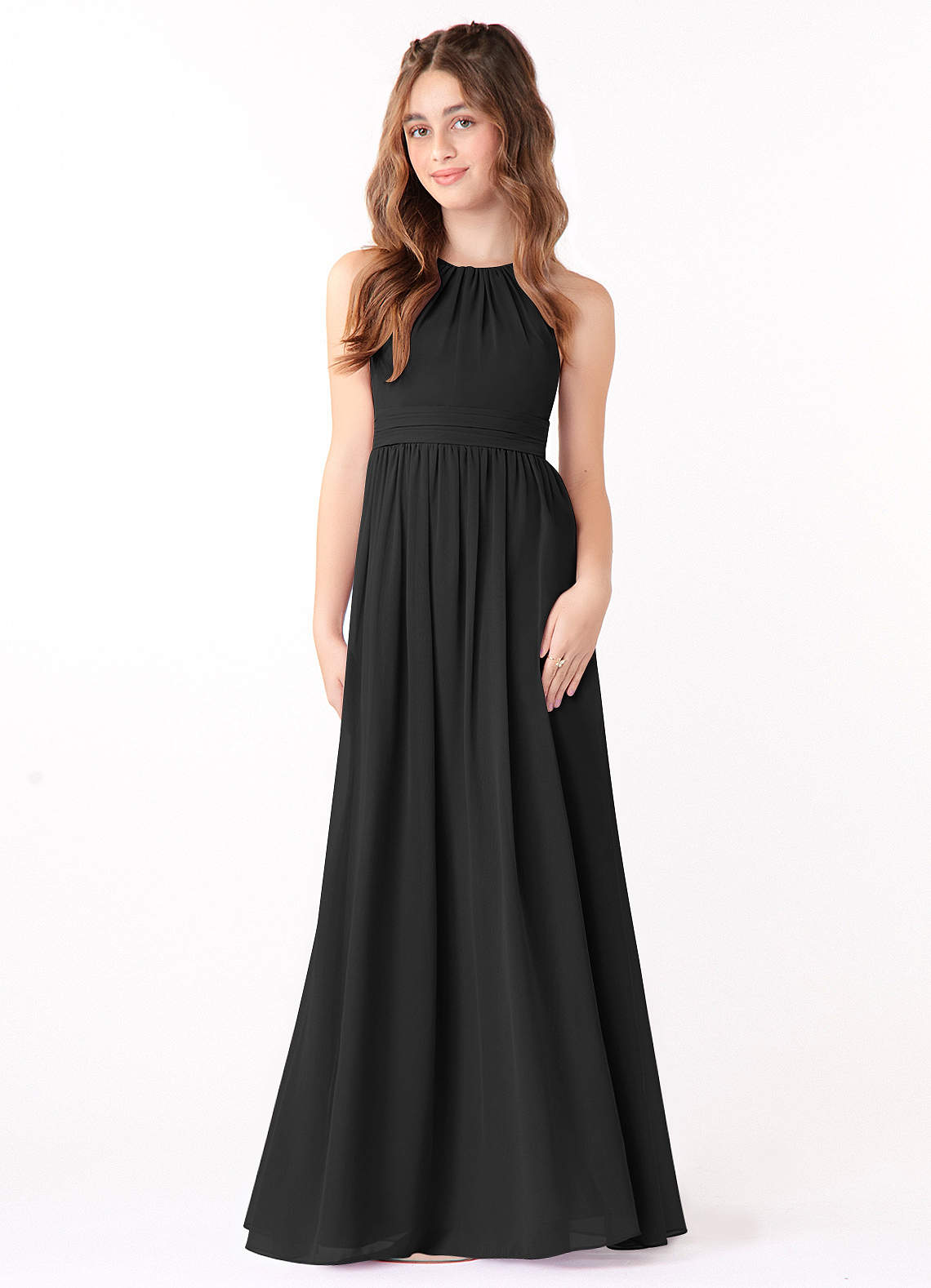Azazie Jaylah Junior Black A-Line Ruched Chiffon Dress image1