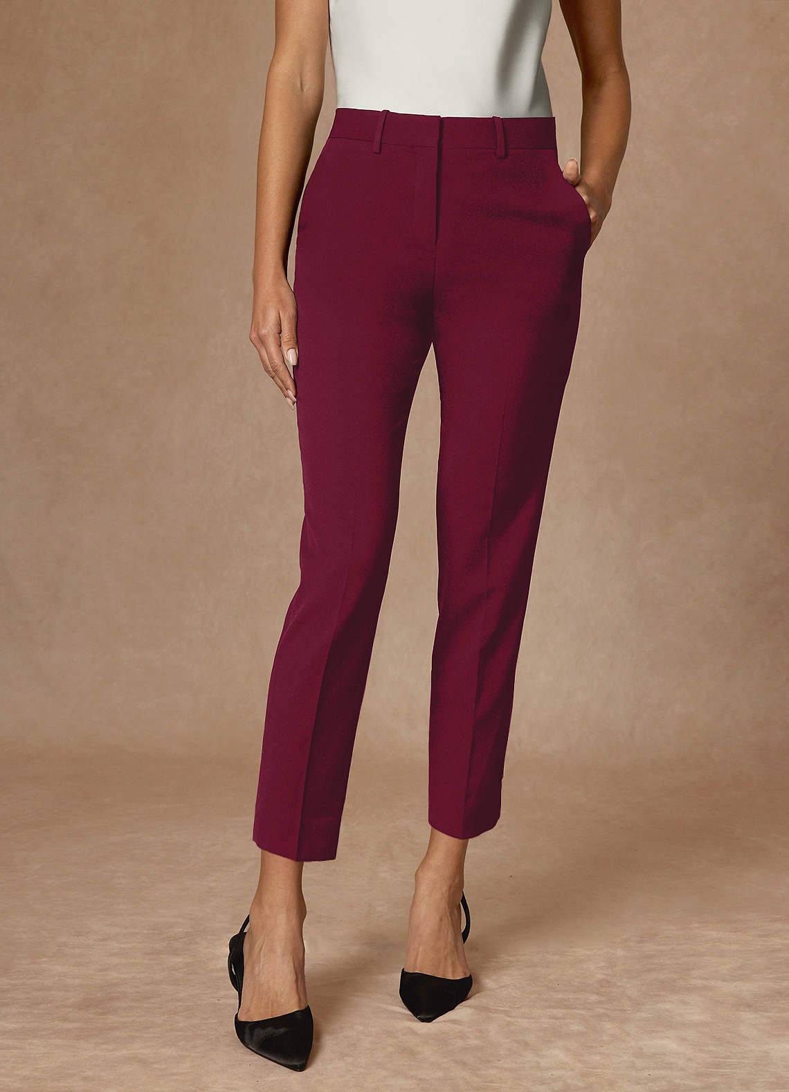 front Whitney Burgundy Refined Weave Performance  Cropped Dress Pants