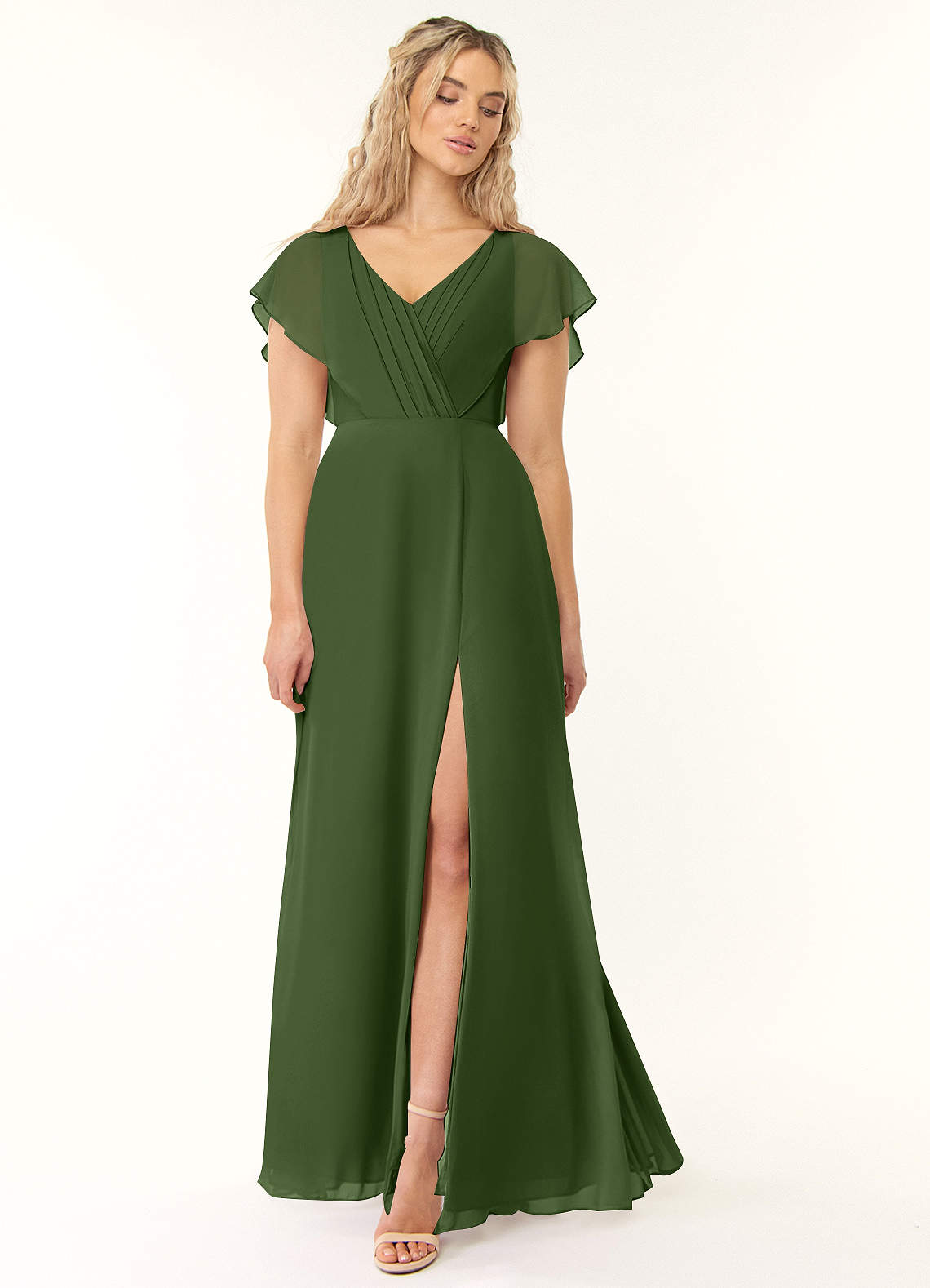 Azazie Rylee Bridesmaid Dresses Olive A-Line Pleated Chiffon Dress image1