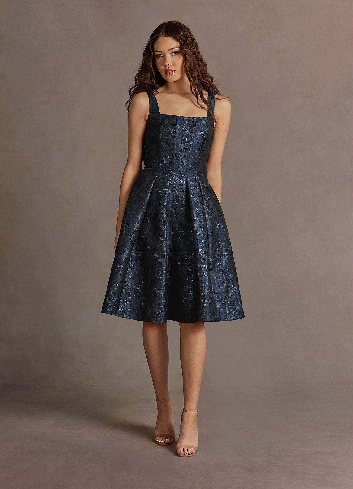 Jackey Navy Jacquard Pleated Midi Dress | Azazie