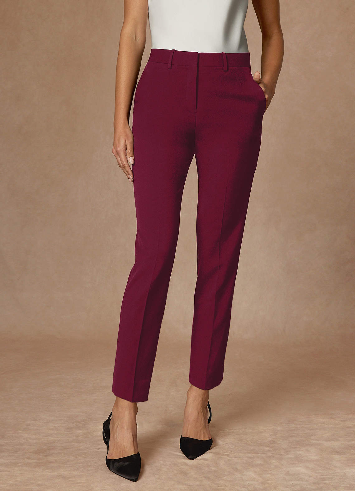 front Whitney Burgundy Structured Stretch Full Length Dress Pants