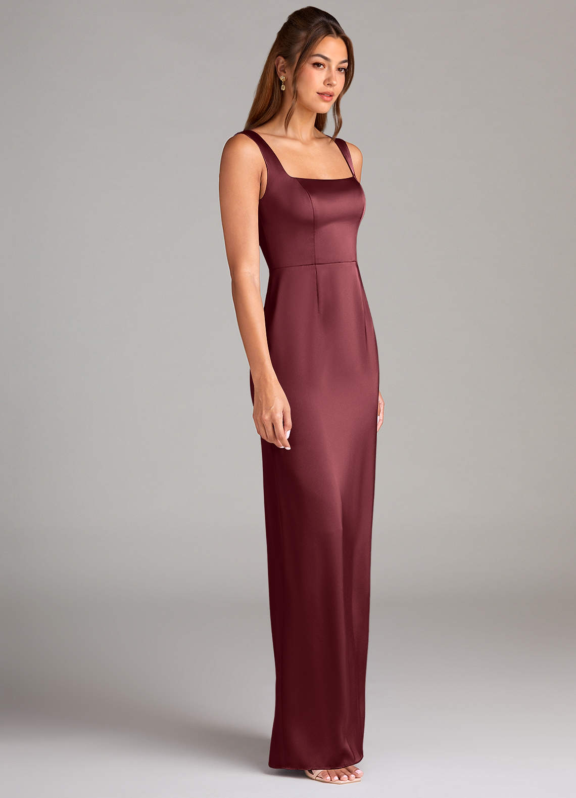 Azazie Flori At-home Try On Dresses Agave Sheath Side Slit Stretch Satin Dress image2