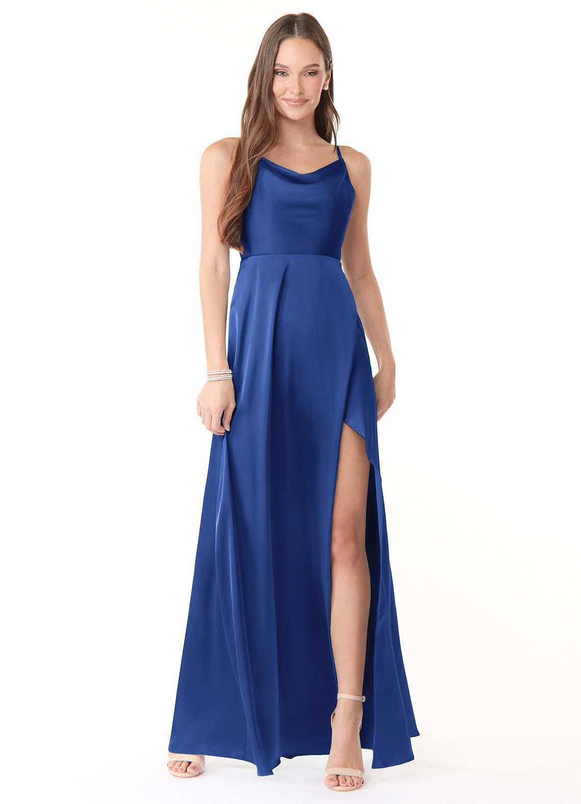 Azazie Naomie Brautjungfernkleider A-Linie Kutte Ausschnitt Seitenschlitz Stretch-Satin Kleid Königsblau image1