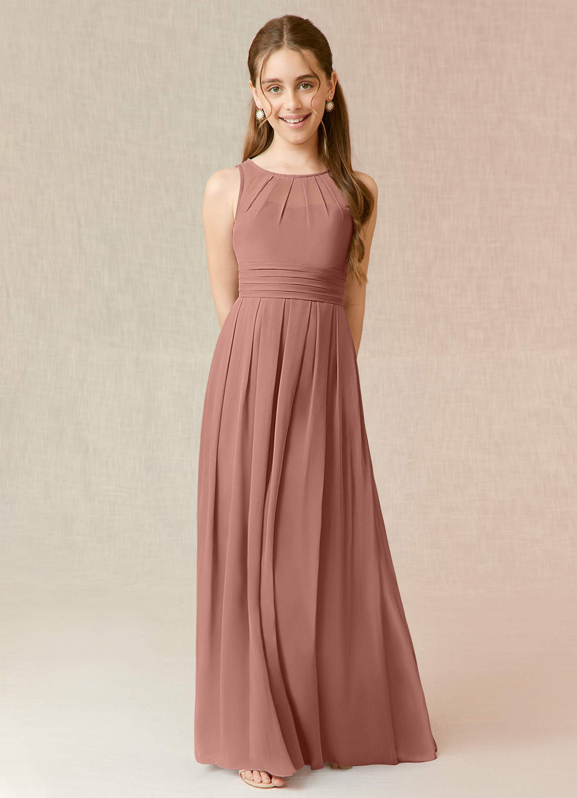 Azazie Bibiane Junior Cedar Rose A-Line Pleated Chiffon Dress image1