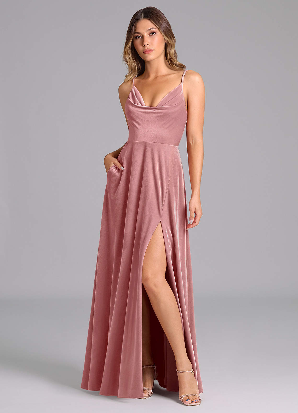 Azazie Sarella Brautjungfernkleider A-Linie Plissee Samt Kleid Altrosa image1