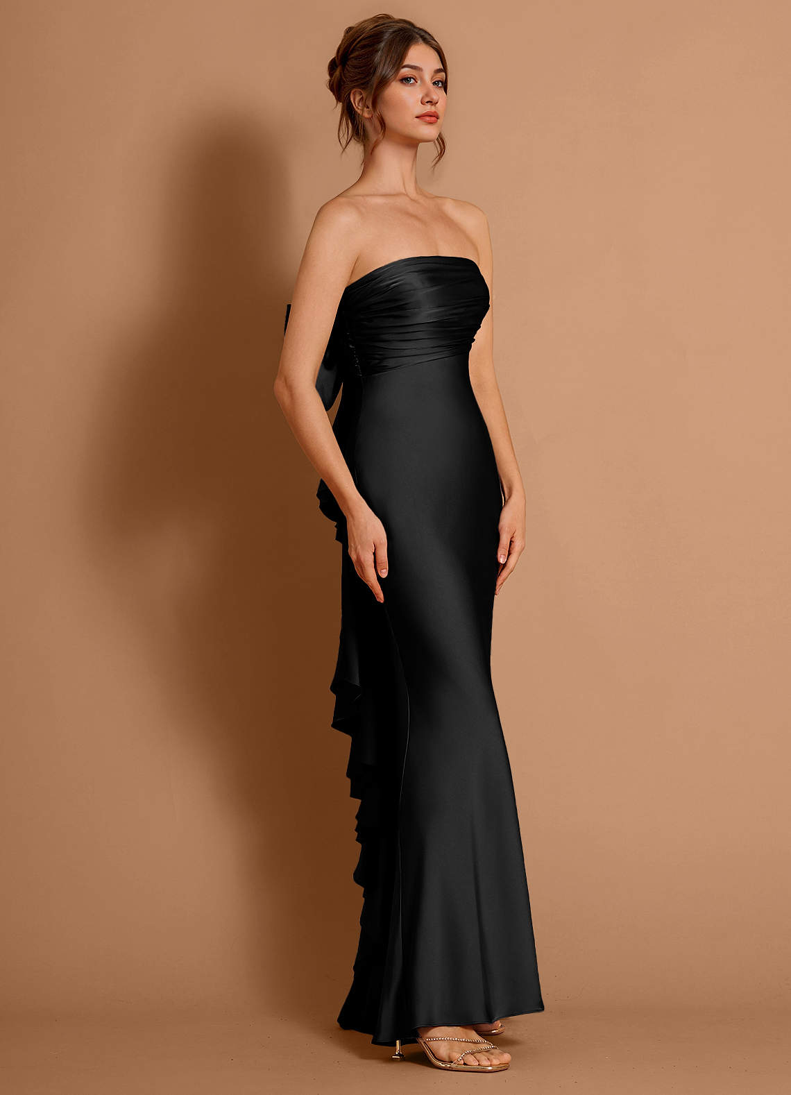 long black maxi dress formal Long Black Dress V Neck Long Sleeve Satin Dress Bridesmaid Dress With Sleeve Maxi Dress for Wedding Guest Formal Flared Maxi Dress