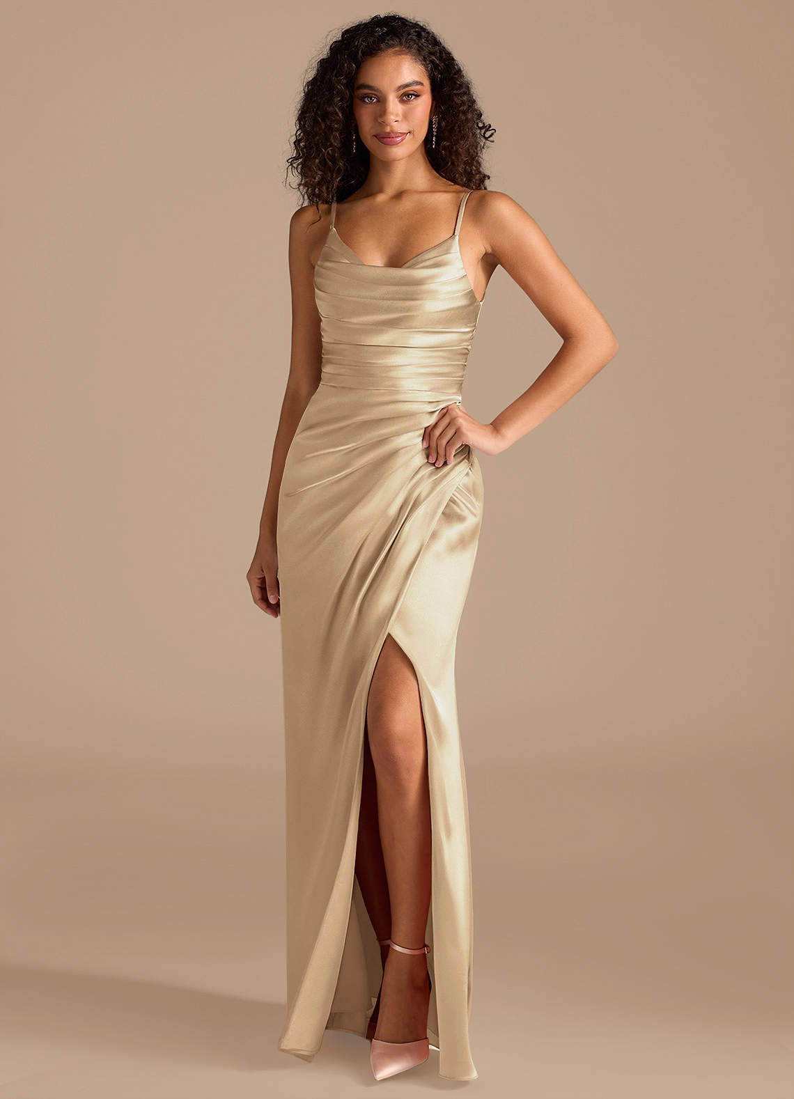 Azazie Deandra Bridesmaid Dresses Champagne Mermaid Pleated Metallic Satin Dress image1