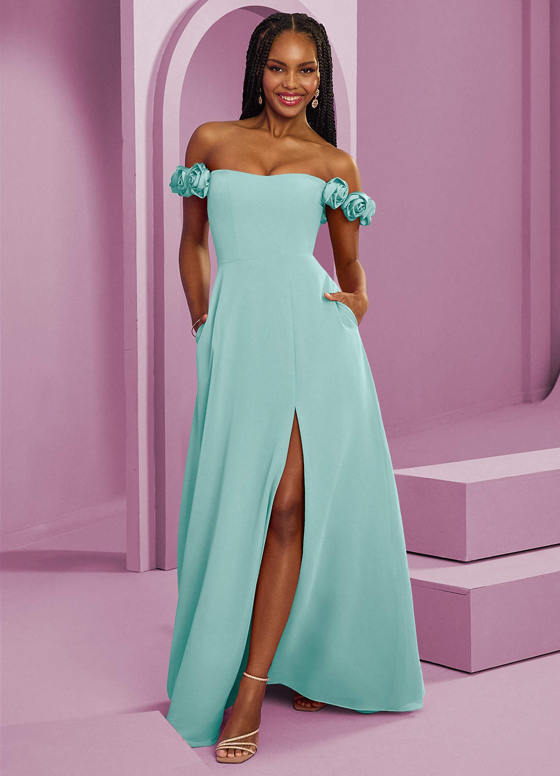 Barbie ♥ Azazie Brautjungfernkleider Wandelbar A-Linie Schulterfrei Chiffon Kleid Aqua image1