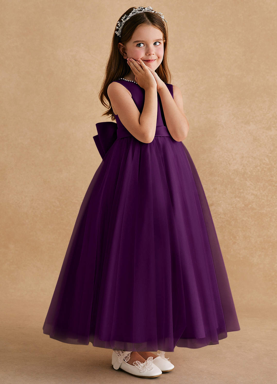 Azazie Cookie Robe Demoiselle D'honneur Fillette Robe Trapèze en Tulle Arc Grain De Raisin image2