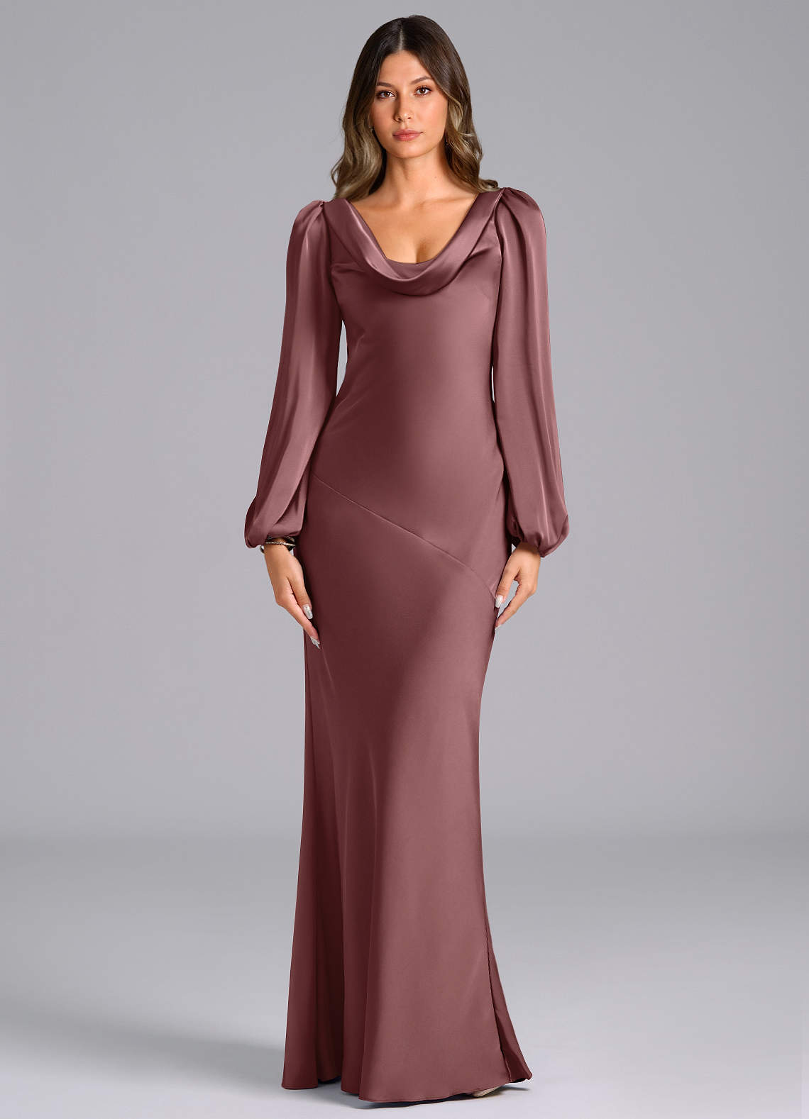 Azazie Rylina Jurken voor bruidsmeisjes Jurk van Stretch Satijn met Zeemeermin Lange mouw Vintage Mauve image1