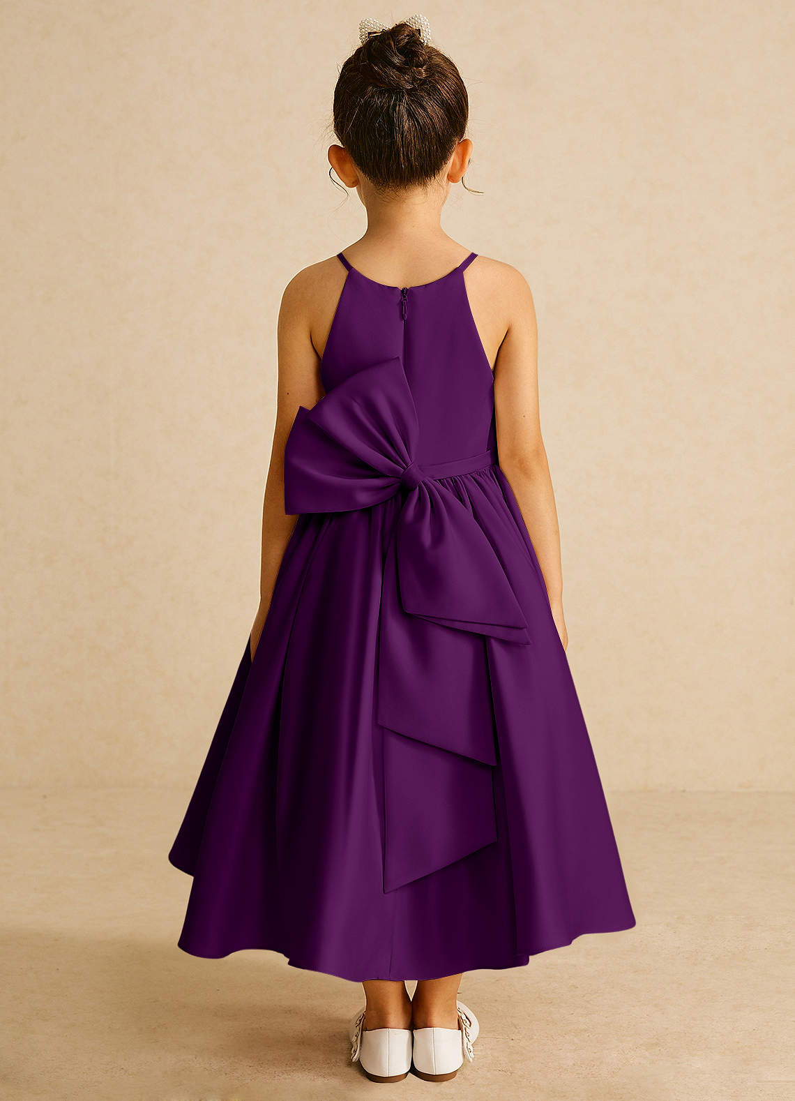 Azazie Sunray Flower Girl Dresses Grape A-Line Spaghetti Strap Matte Satin Dress image1