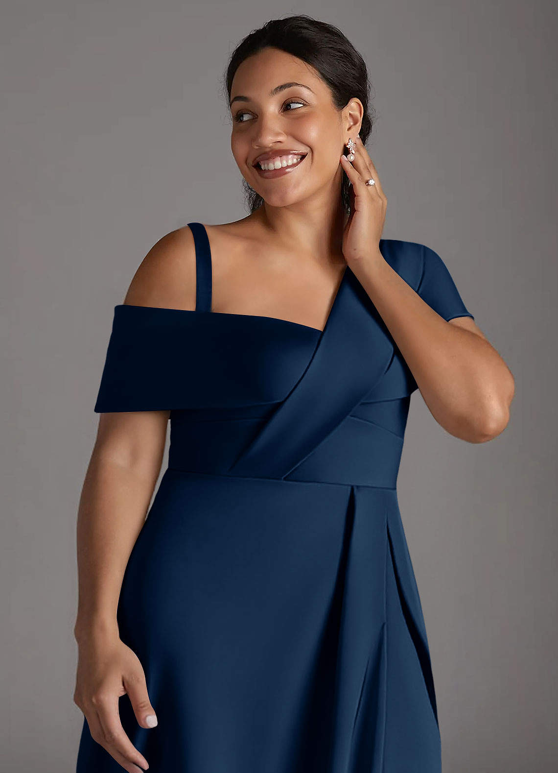 Azazie Milton Mother of the Bride Dresses Dark Navy A-Line Pleated Stretch Satin Dress image13