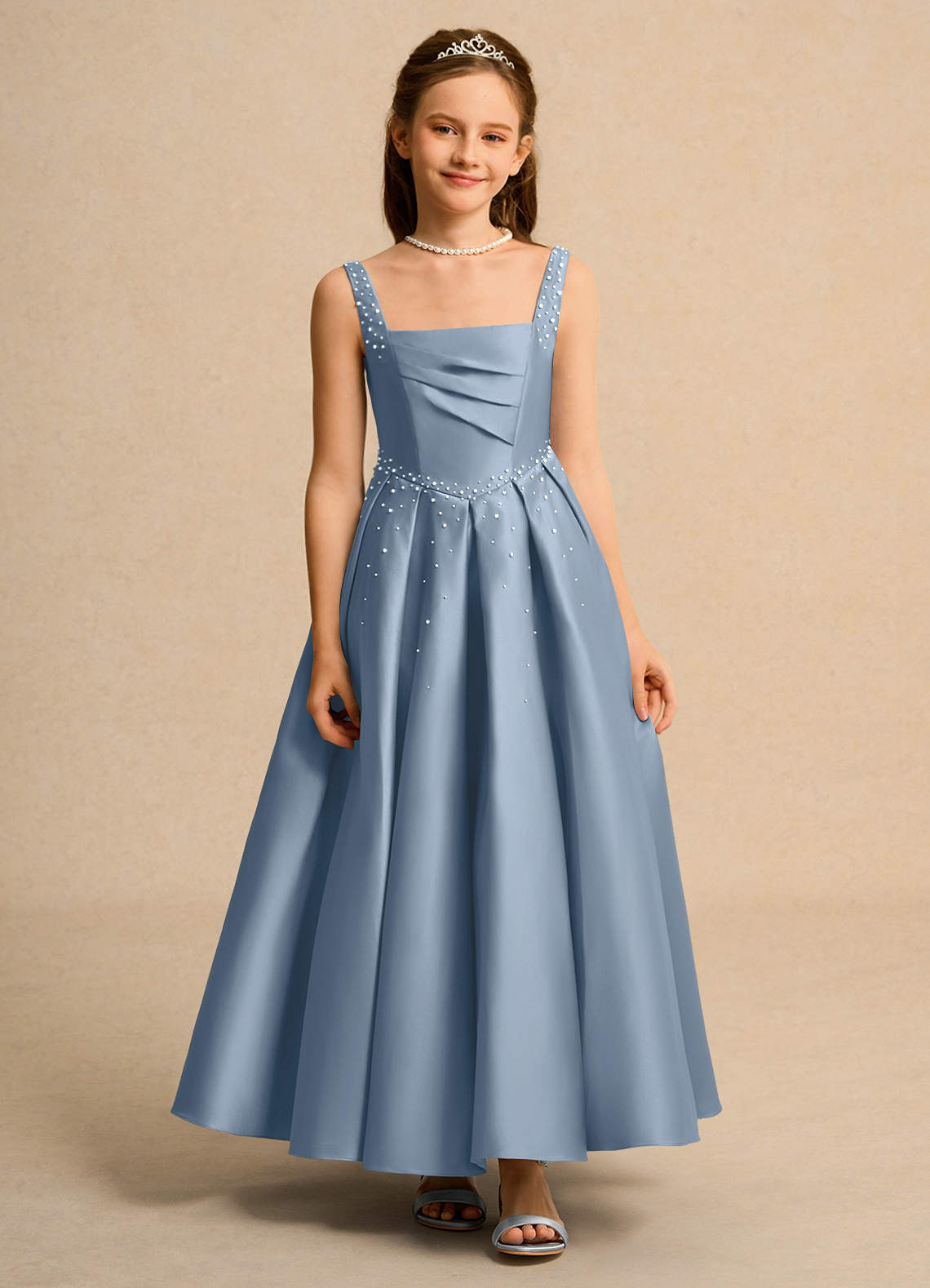 Azazie Mochi Girls Formal Dusty Blue Ball-Gown Pleated Matte Satin Dress |  Azazie