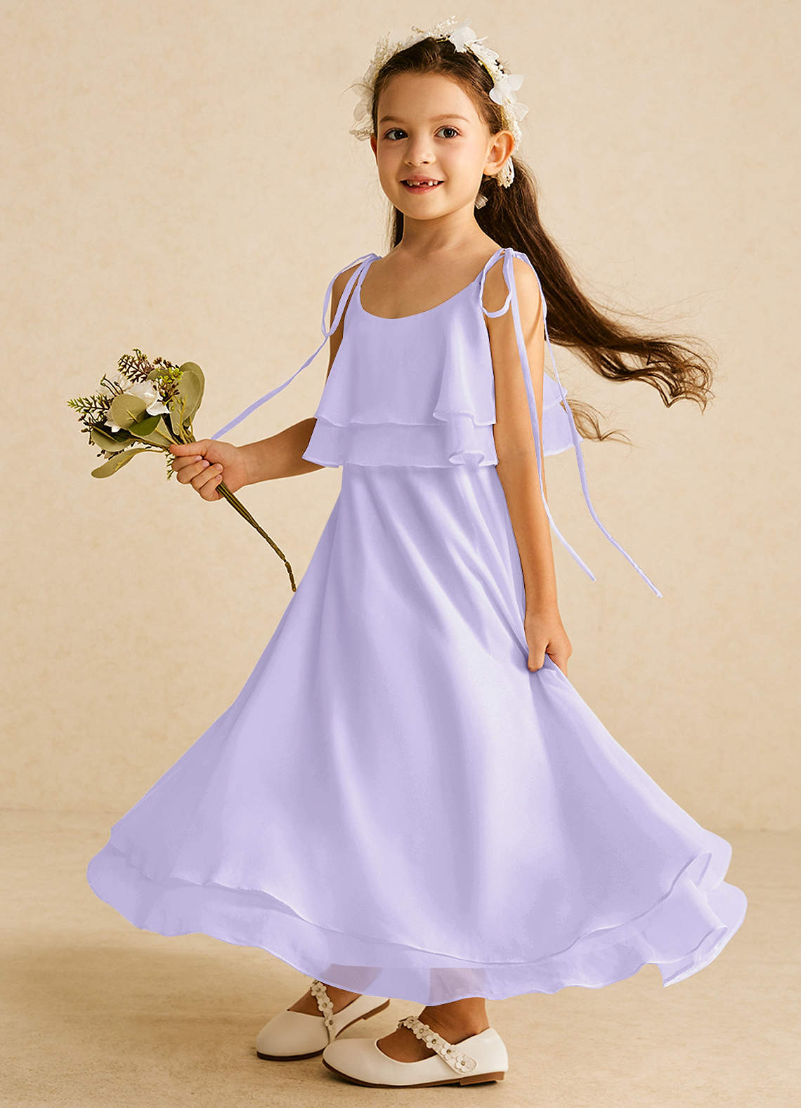 Azazie Temi Flower Girl Dresses Lilac A-Line Spaghetti Strap Chiffon Dress image1