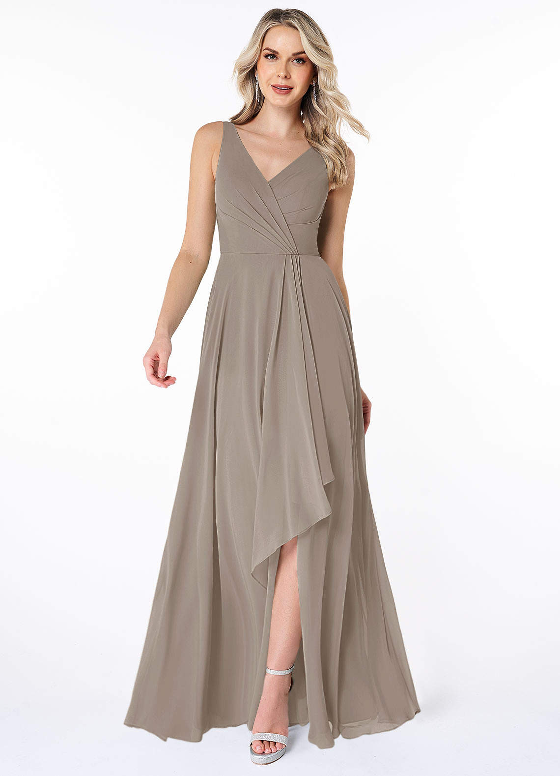 Azazie Calvi Bridesmaid Dresses Taupe A-Line Ruched Chiffon Dress image1